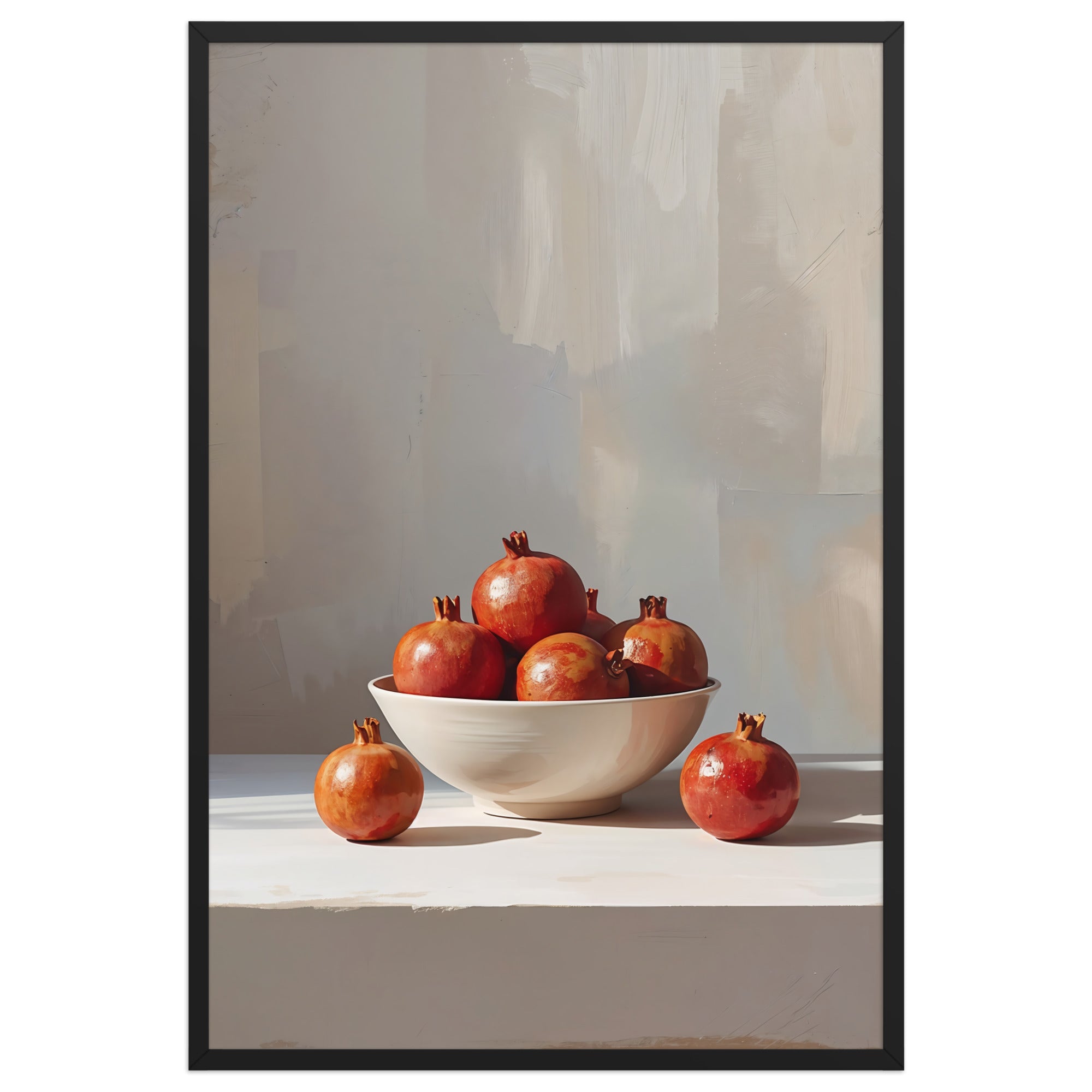 A modern still life painting of a white bowl filled with ripe pomegranates on a soft neutral background, in a Mediterranean minimal style.