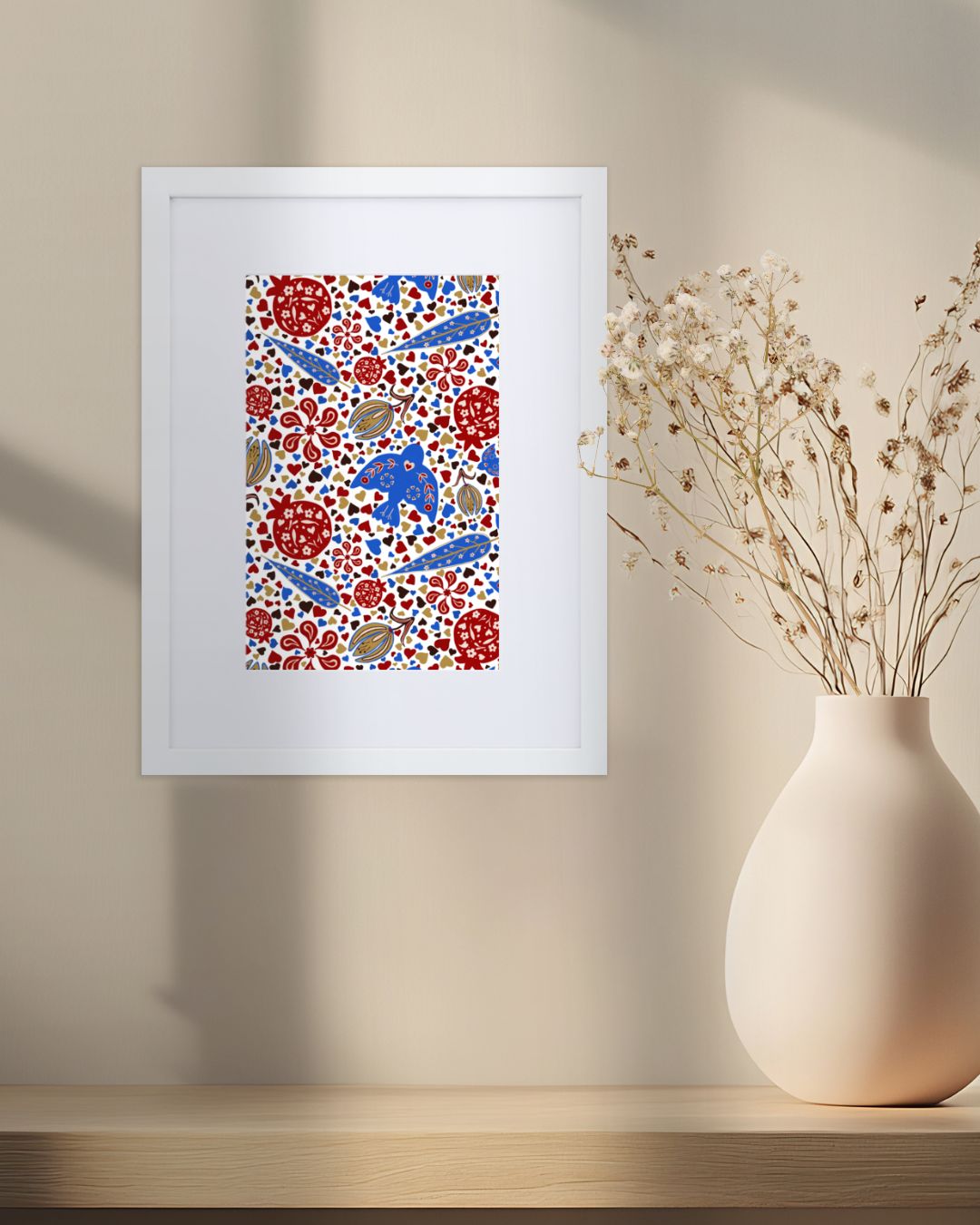 A white framed islamic pomegranate and bird garden wall art by Deenista.