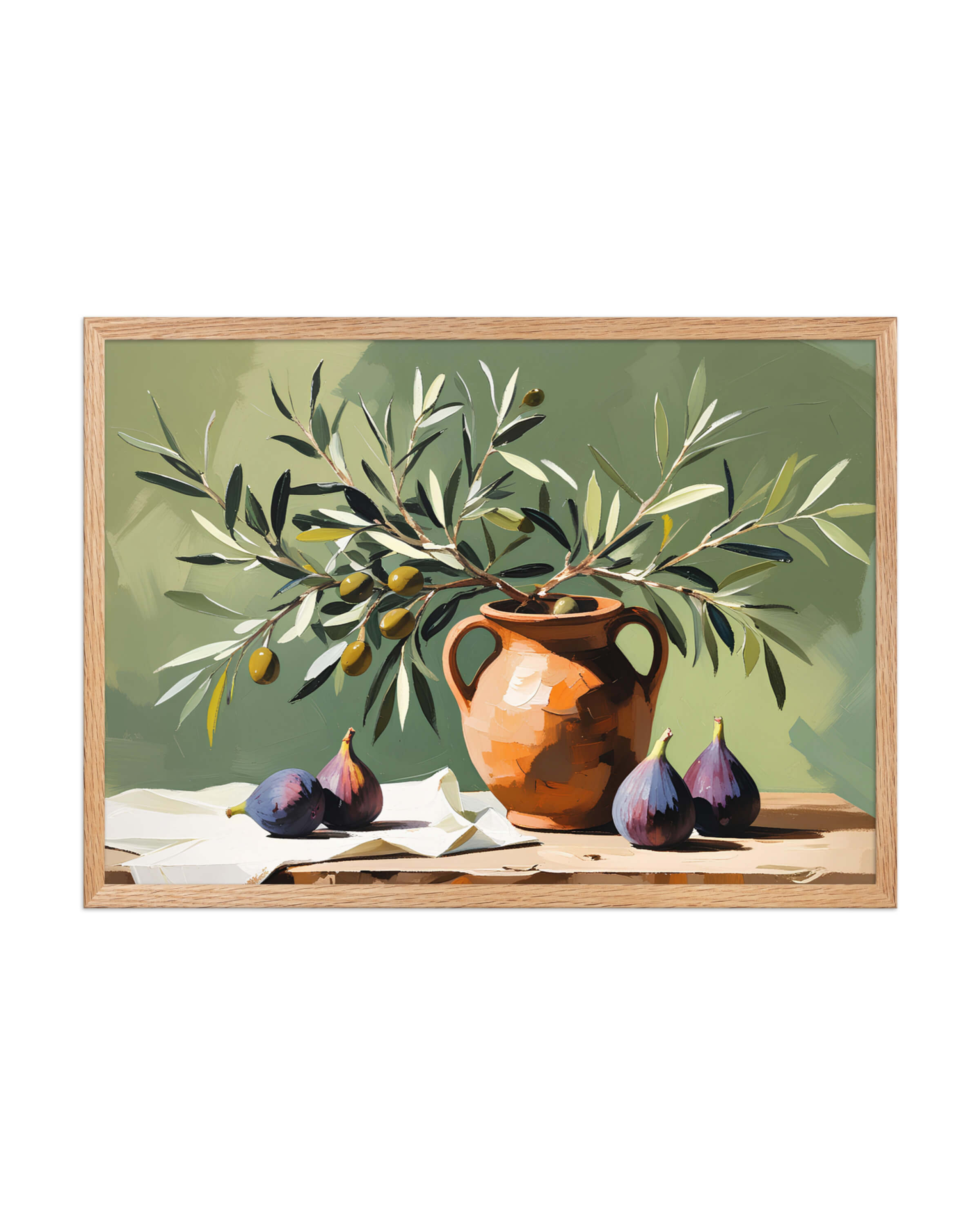 Framed artwork of a still life with a vase, figs, and olive branches on a green background.