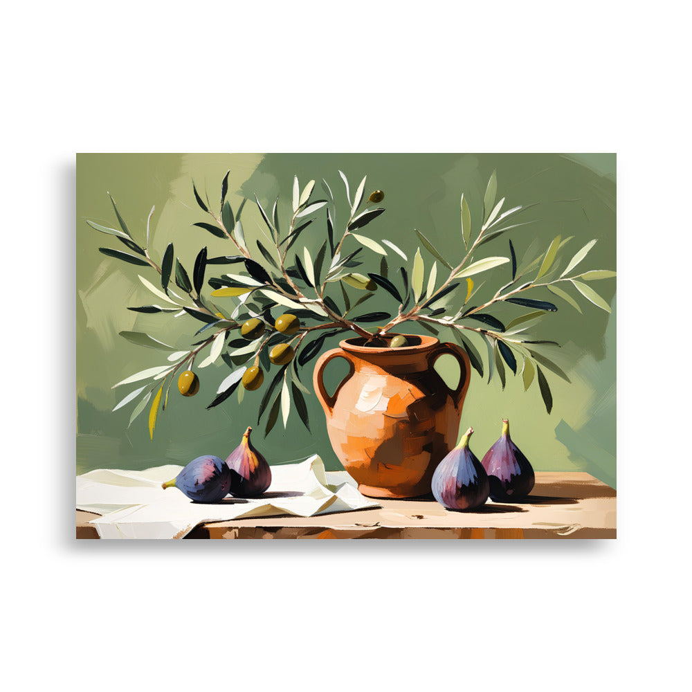Still life painting with an orange vase, olive branches, and figs on a green background