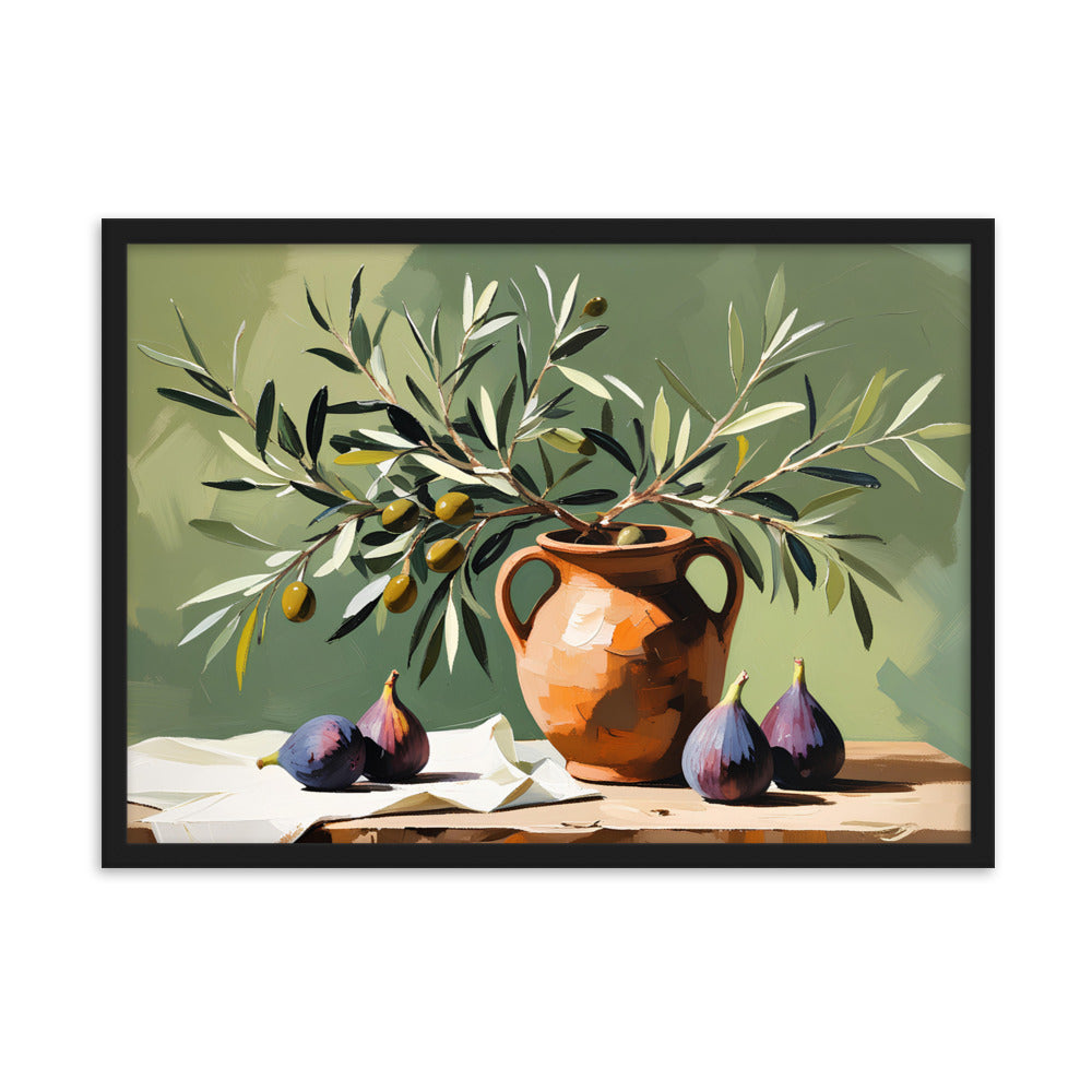 Olive and fig still life artwork with natural textures and muted colors, perfect for restaurant or café wall décor.