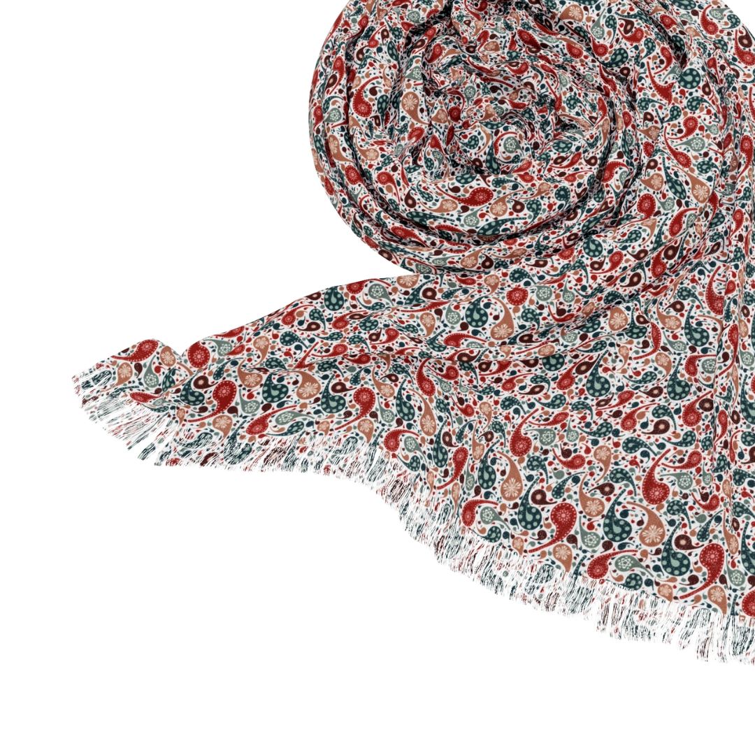 paisley patterned scarf with fringes on a white background