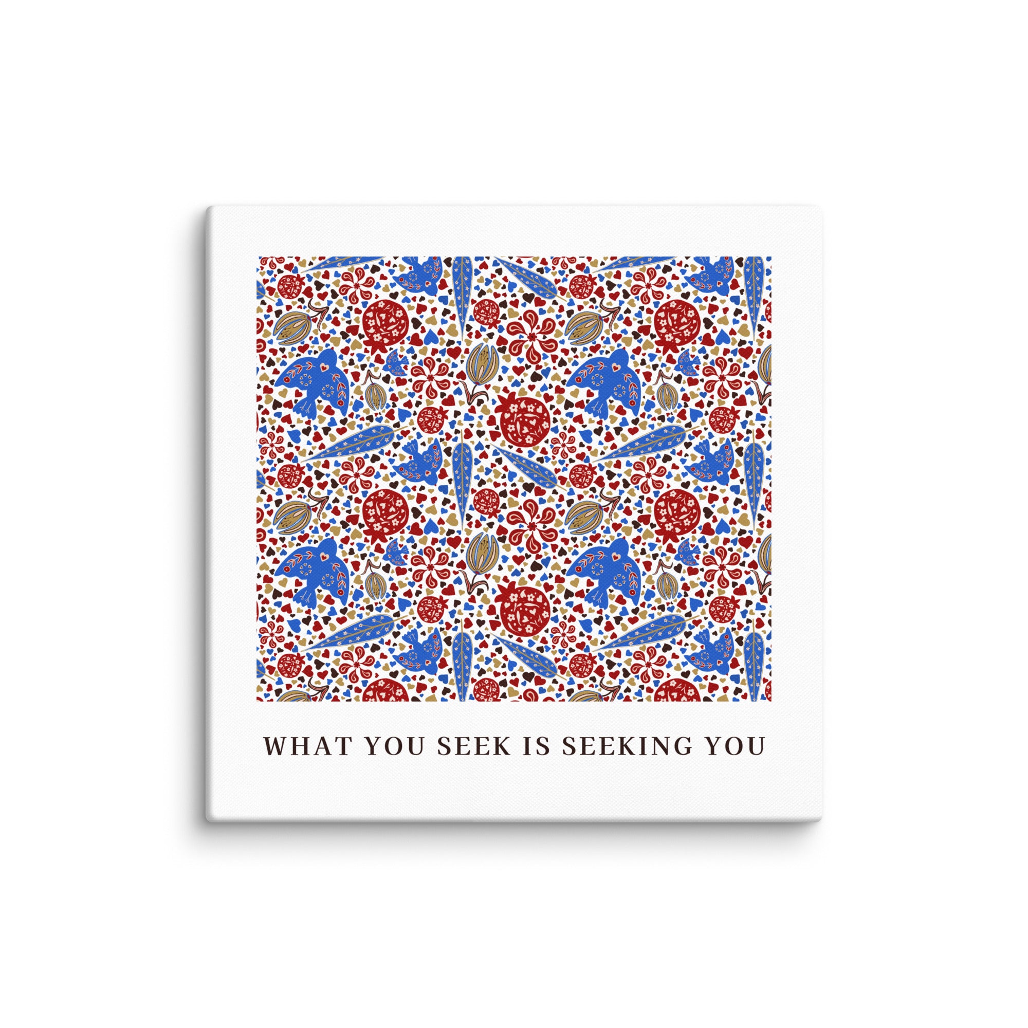 Detail of blue bird and red pomegranate illustration on Islamic-inspired art print.