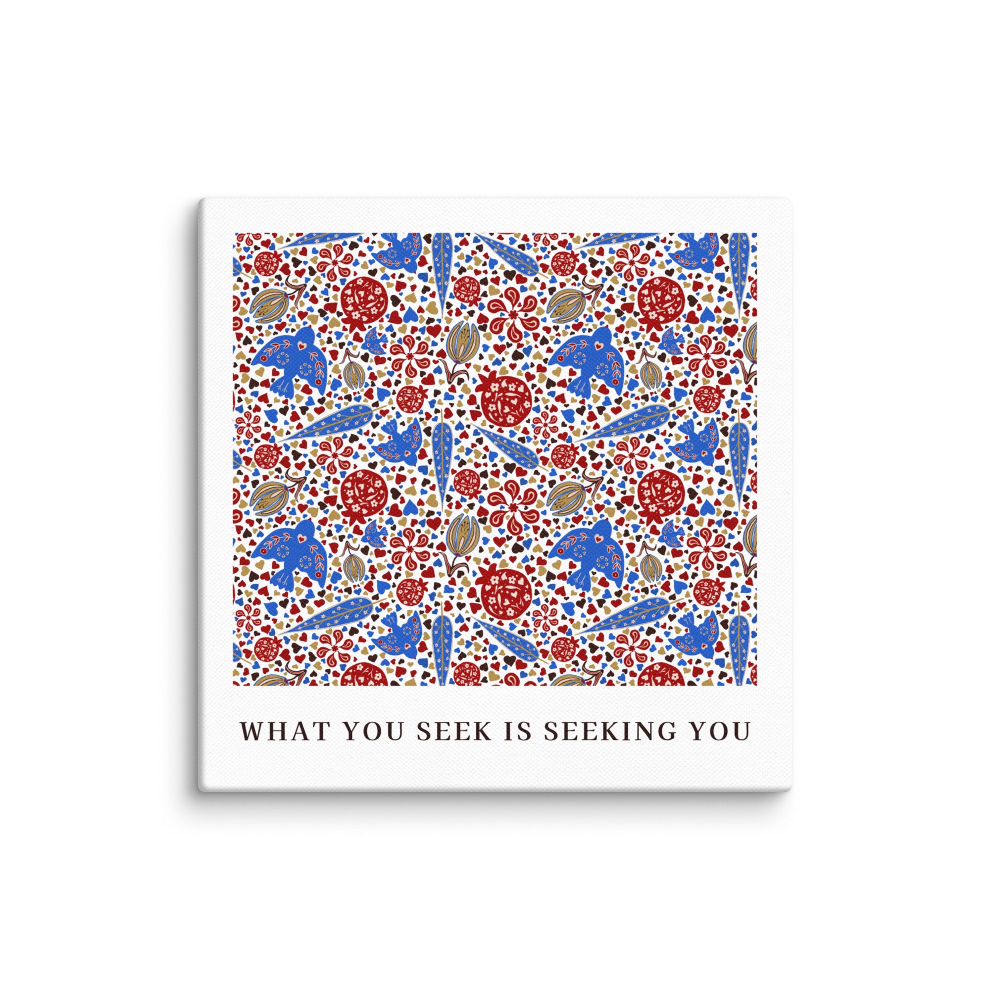 Hand-painted pomegranate and bird pattern art print with red, blue, and gold motifs inspired by Islamic heritage.