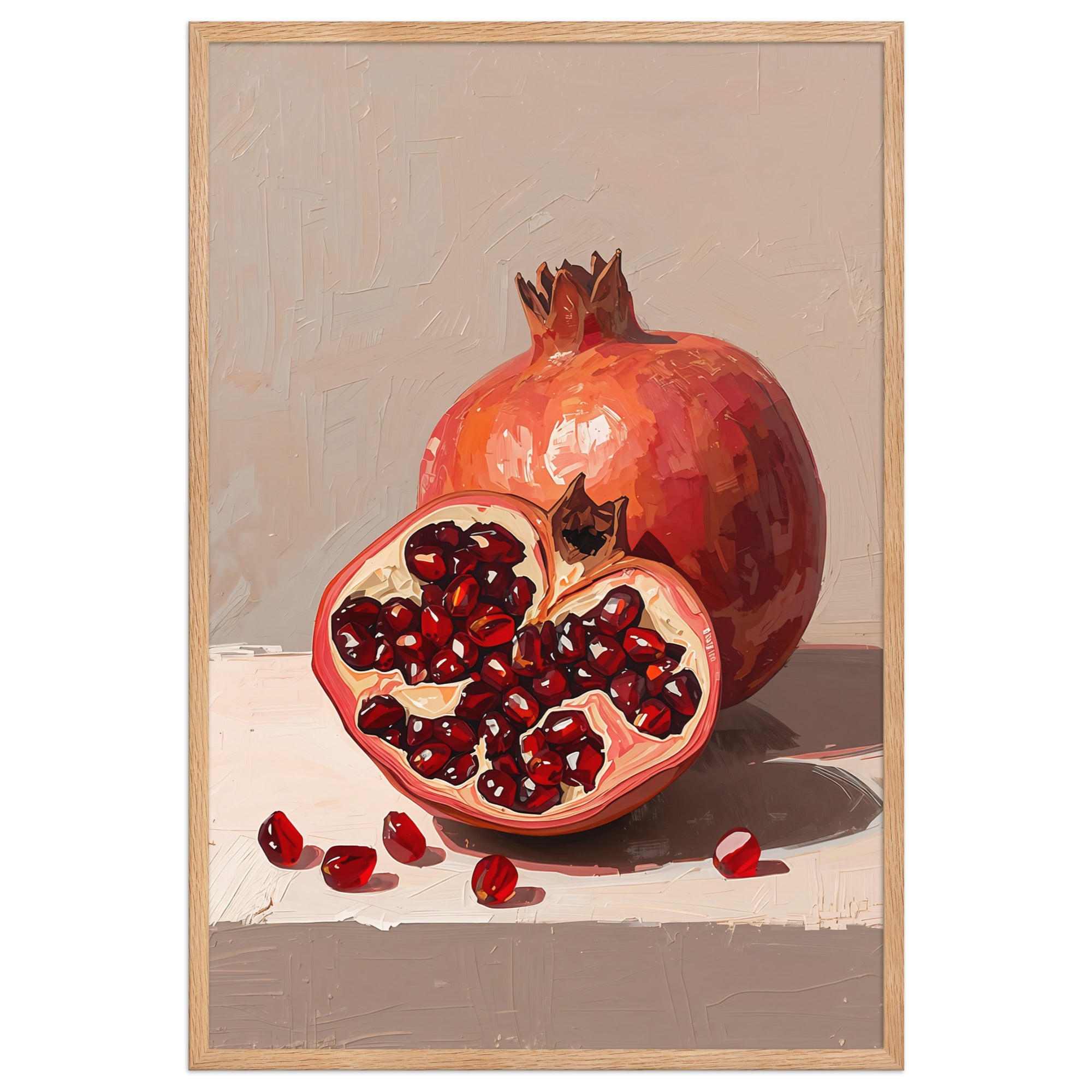 A modern still life painting of a ripe pomegranate on a soft beige background, in a Mediterranean minimal style.