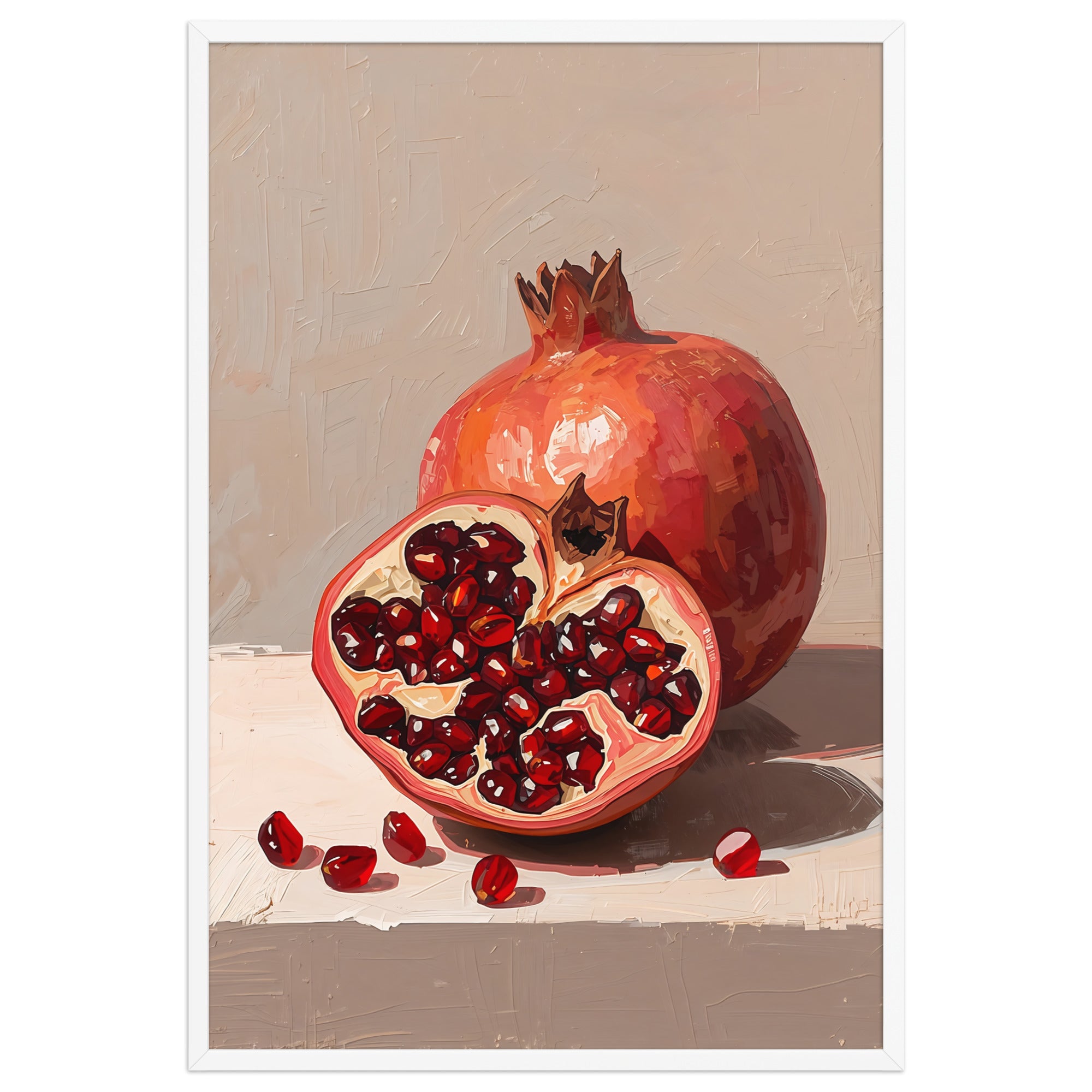 A modern still life painting of a ripe pomegranate on a soft beige background, in a Mediterranean minimal style.