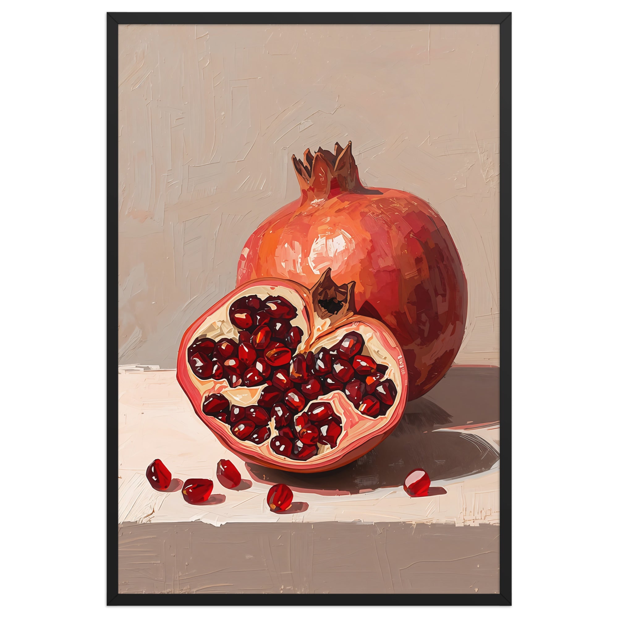 A modern still life painting of a ripe pomegranate on a soft beige background, in a Mediterranean minimal style.