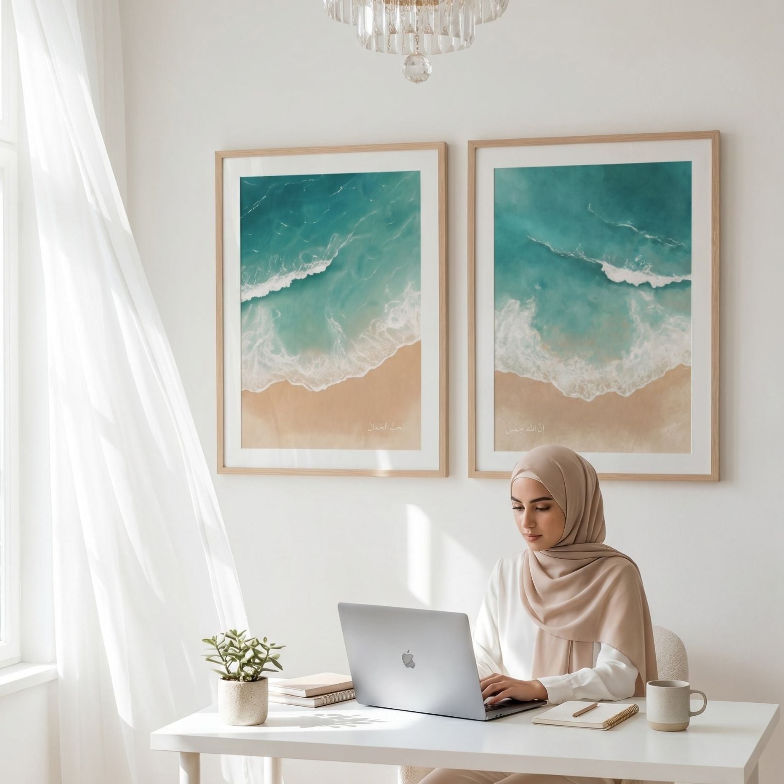 Ocean-inspired Islamic wall art duo displayed above a calm home office desk with a woman in hijab working below.