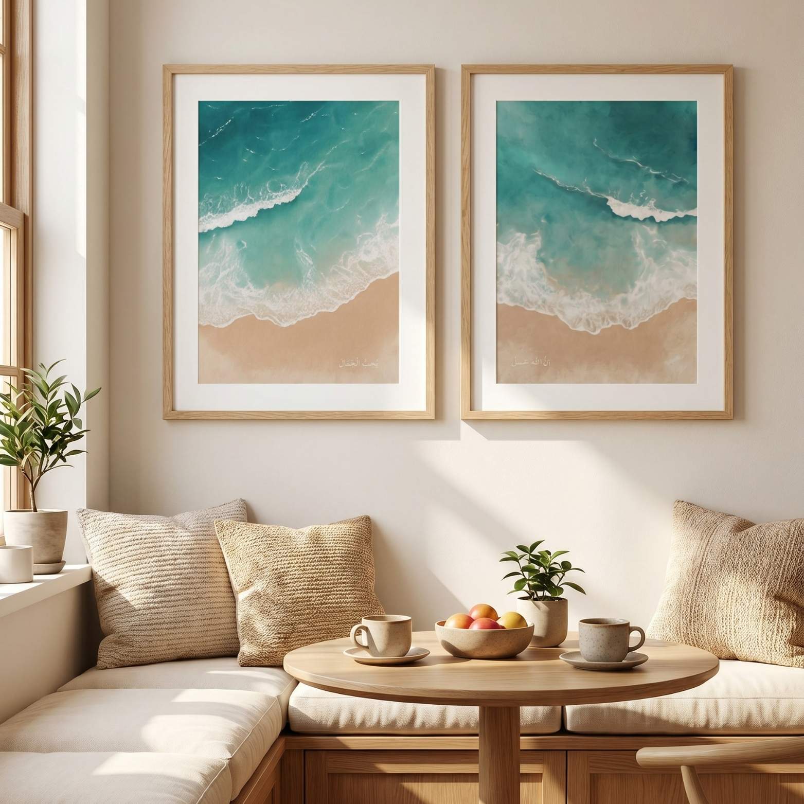 Two framed Islamic wall art prints with ocean and sand artwork styled in a calm living room with neutral decor.