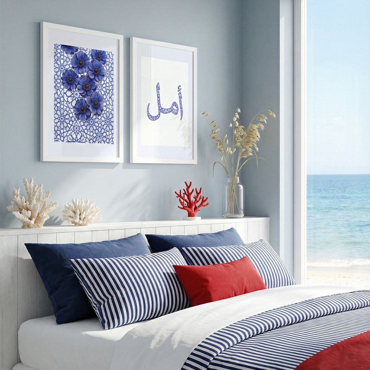 Blue floral Islamic wall art framed in wood above sofa in light coastal interior