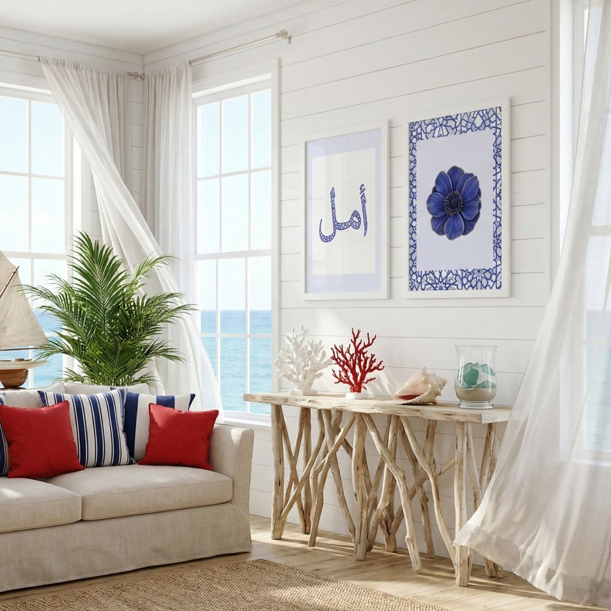 Amal Arabic calligraphy wall art displayed in bright coastal living room