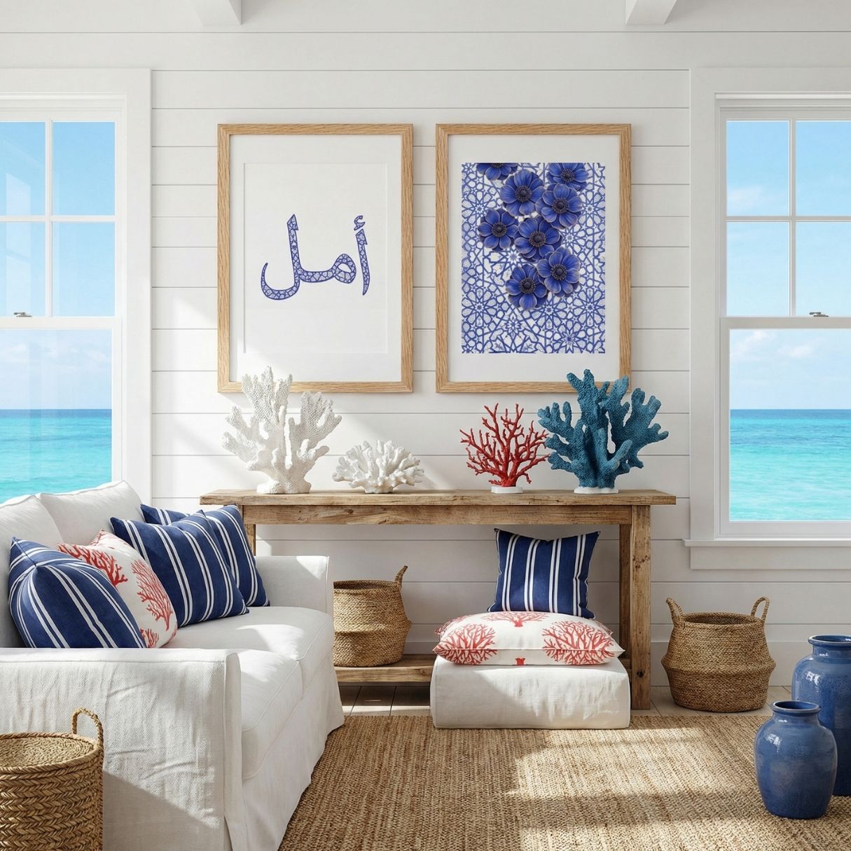 Floral Islamic wall art and Amal Arabic calligraphy print in bright coastal living room