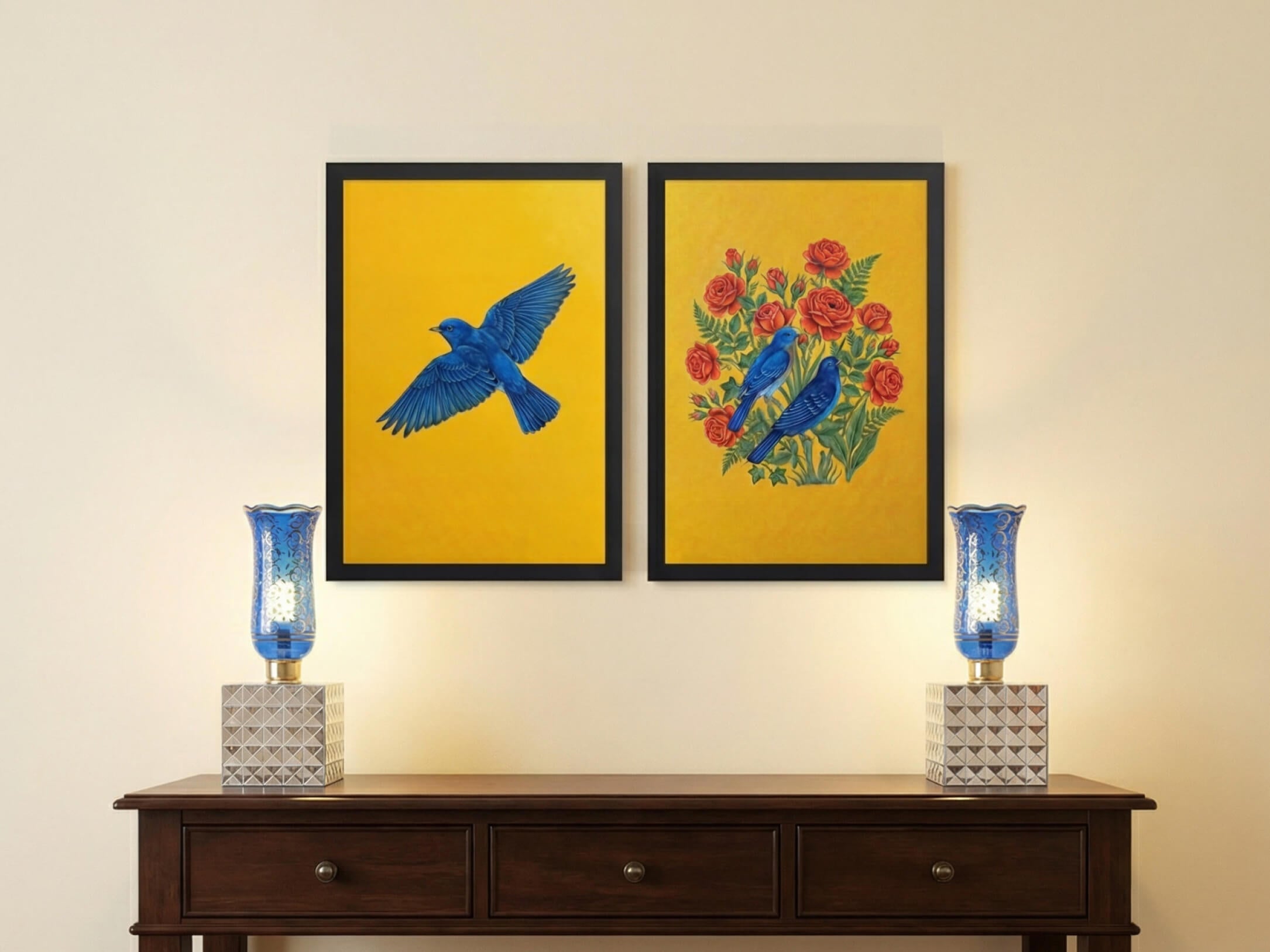 Framed Persian art prints featuring the bolbol (nightingale) and a Gol o Morgh bird and rose composition, displayed together above a brown console and mirrorwork persian laleh lamps.