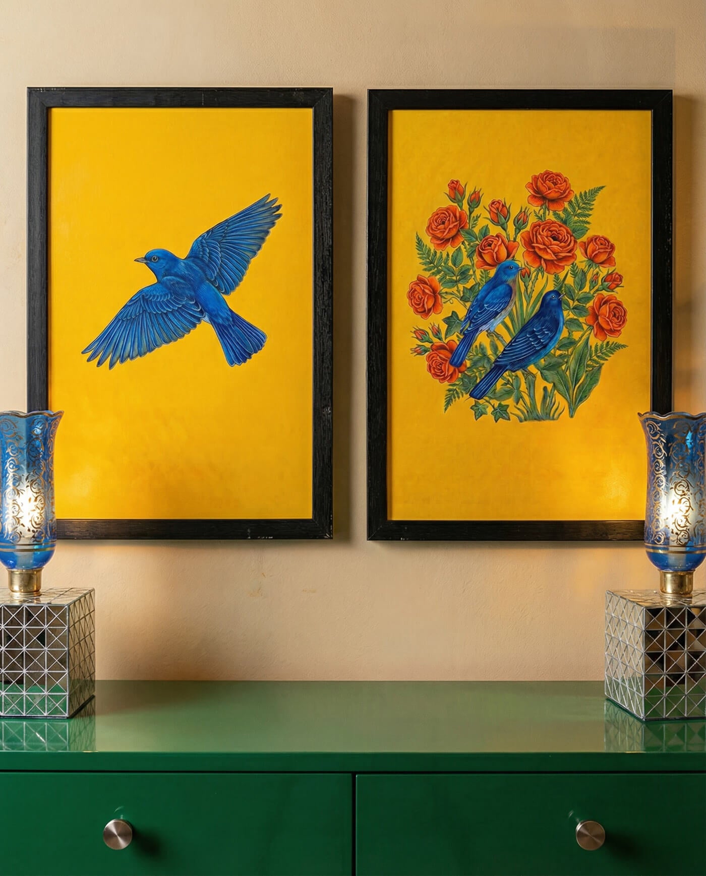 Contemporary Golo Morgh (گل و مرغ) and Bolbol (بلبل) Persian wall art displayed in a modern Persian home interior with mirrored console and laleh lamps