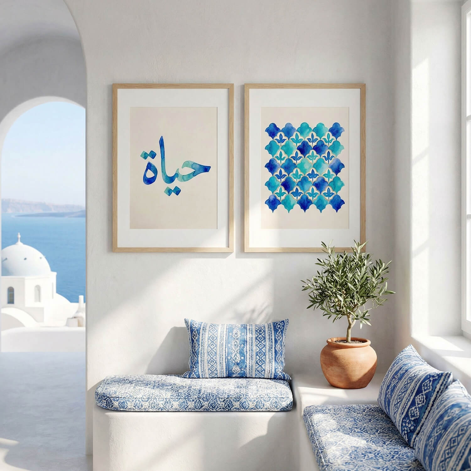 Hayat Arabic calligraphy and Islamic tile printable art set in natural wood frames styled above a bench with blue patterned cushions