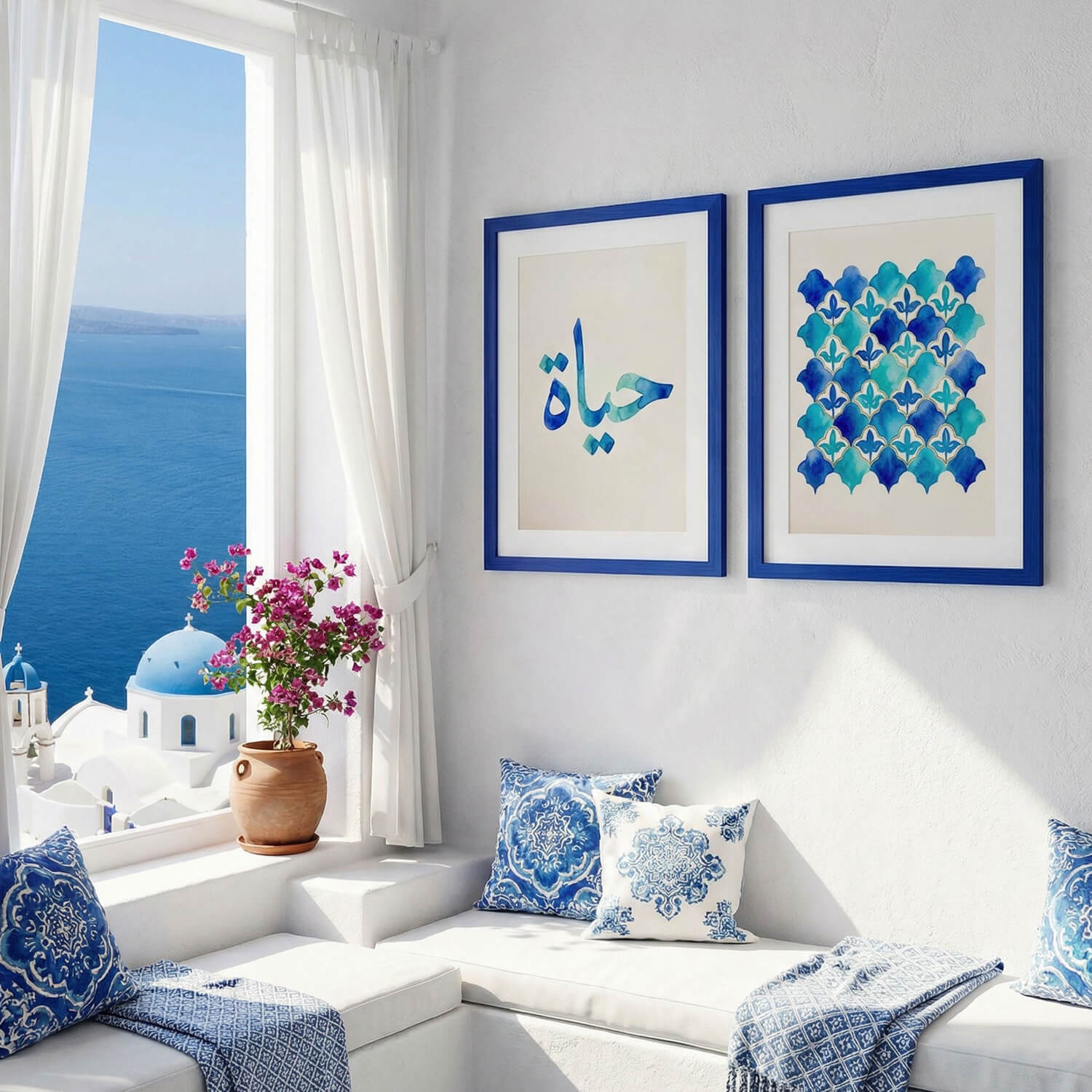 Hayat Arabic calligraphy and Islamic tile printable art set styled in a bright Mediterranean living room with blue accents