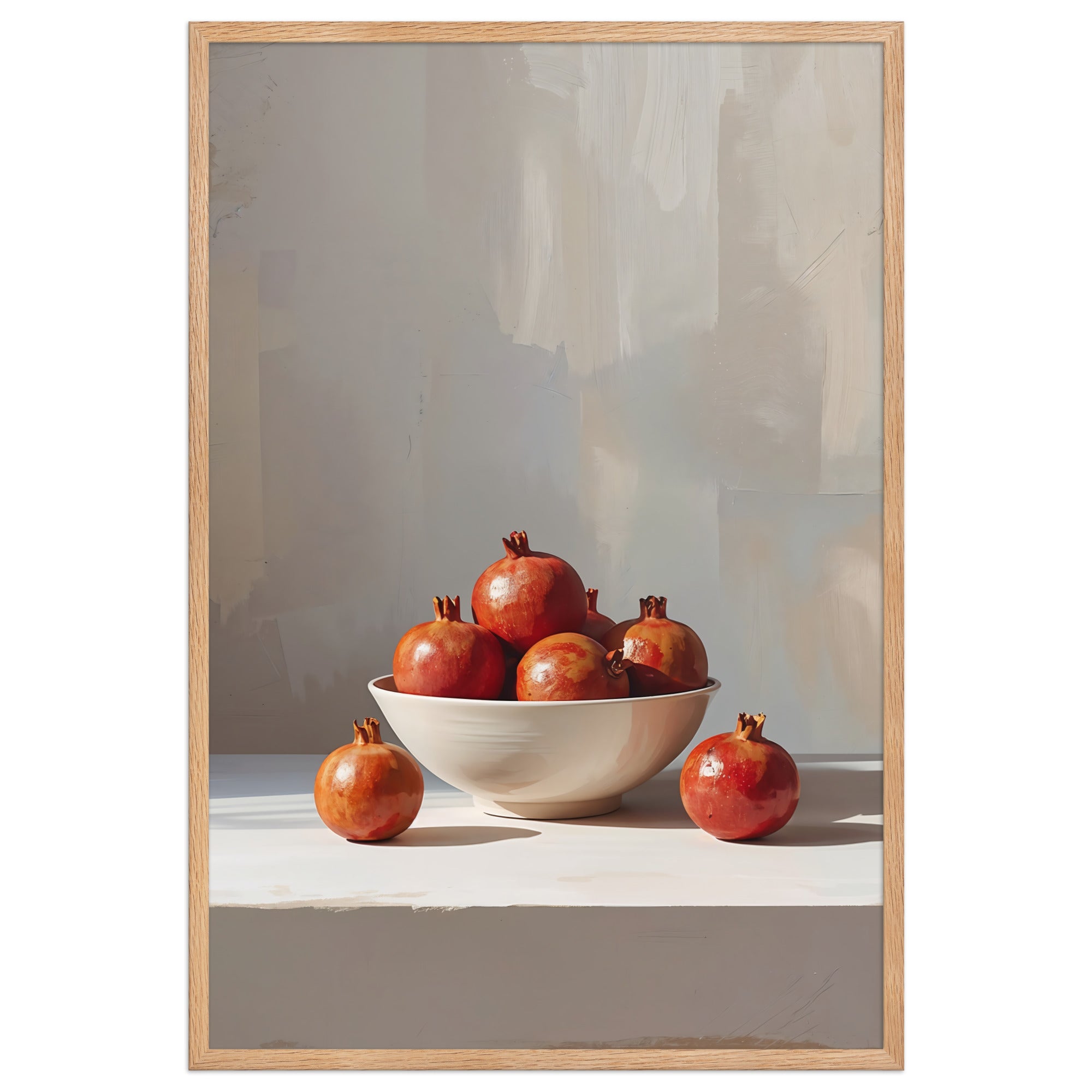 A modern still life painting of a white bowl filled with ripe pomegranates on a soft neutral background, in a Mediterranean minimal style.