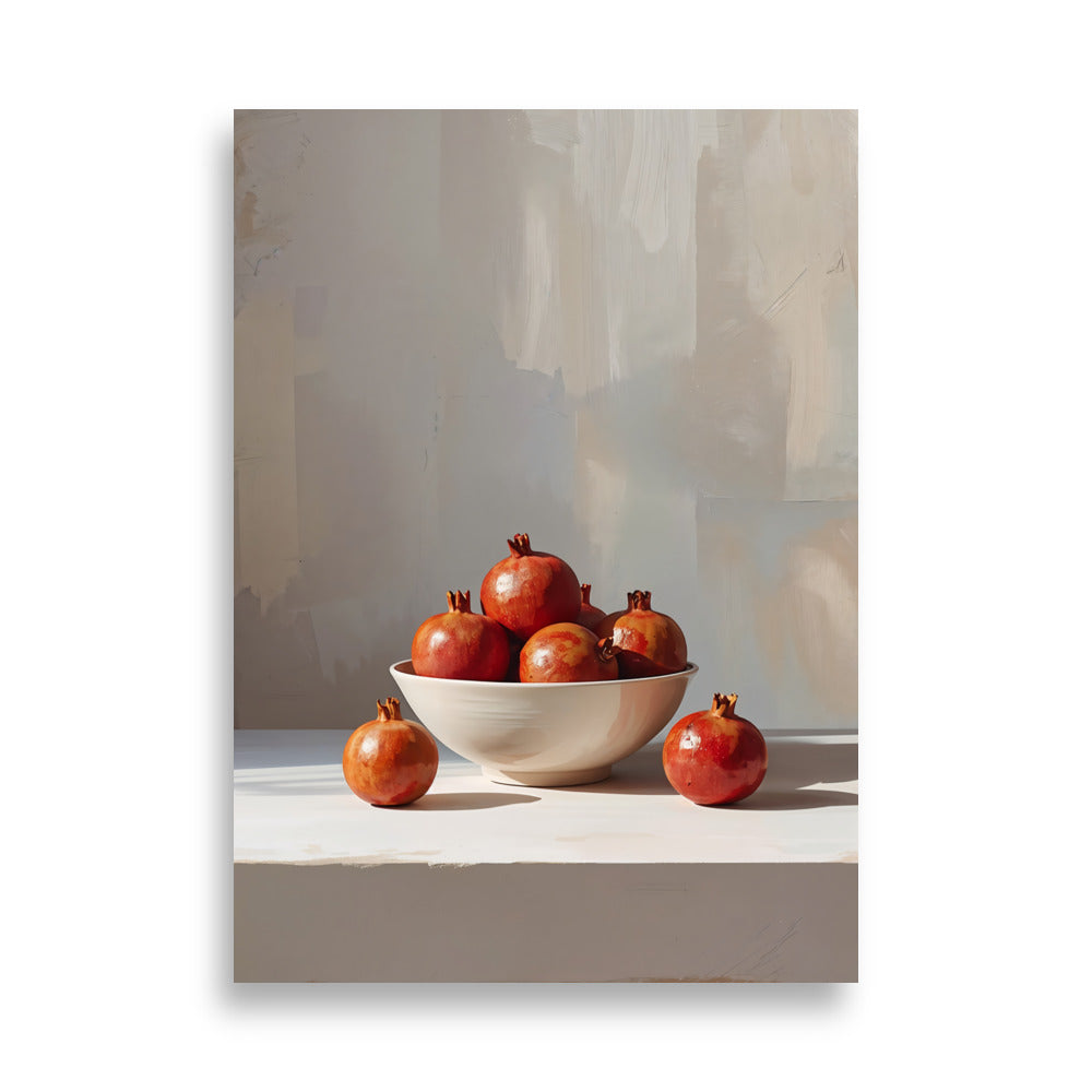 A modern still life painting of a white bowl filled with ripe pomegranates on a soft neutral background, in a Mediterranean minimal style.