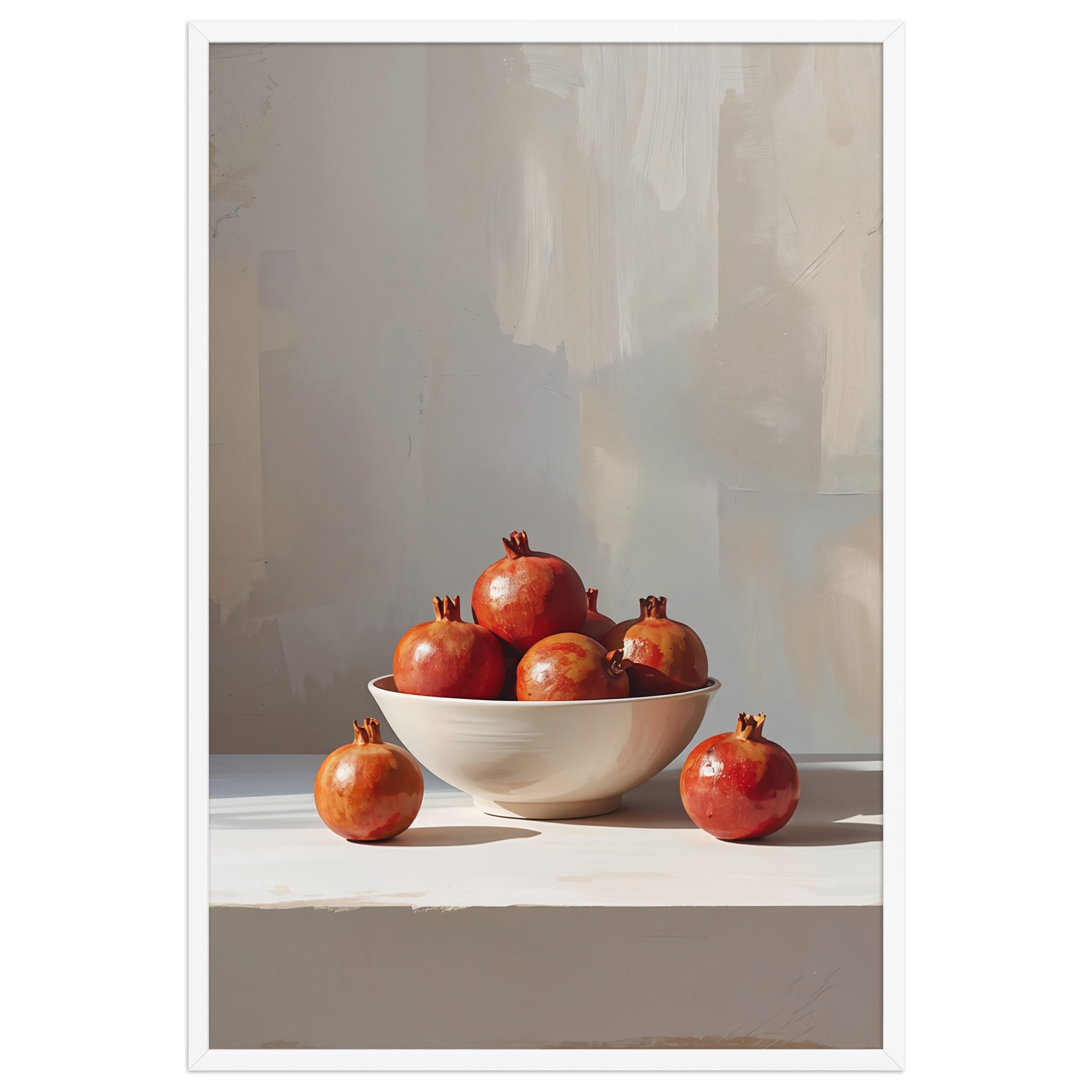 A modern still life painting of a white bowl filled with ripe pomegranates on a soft neutral background, in a Mediterranean minimal style.