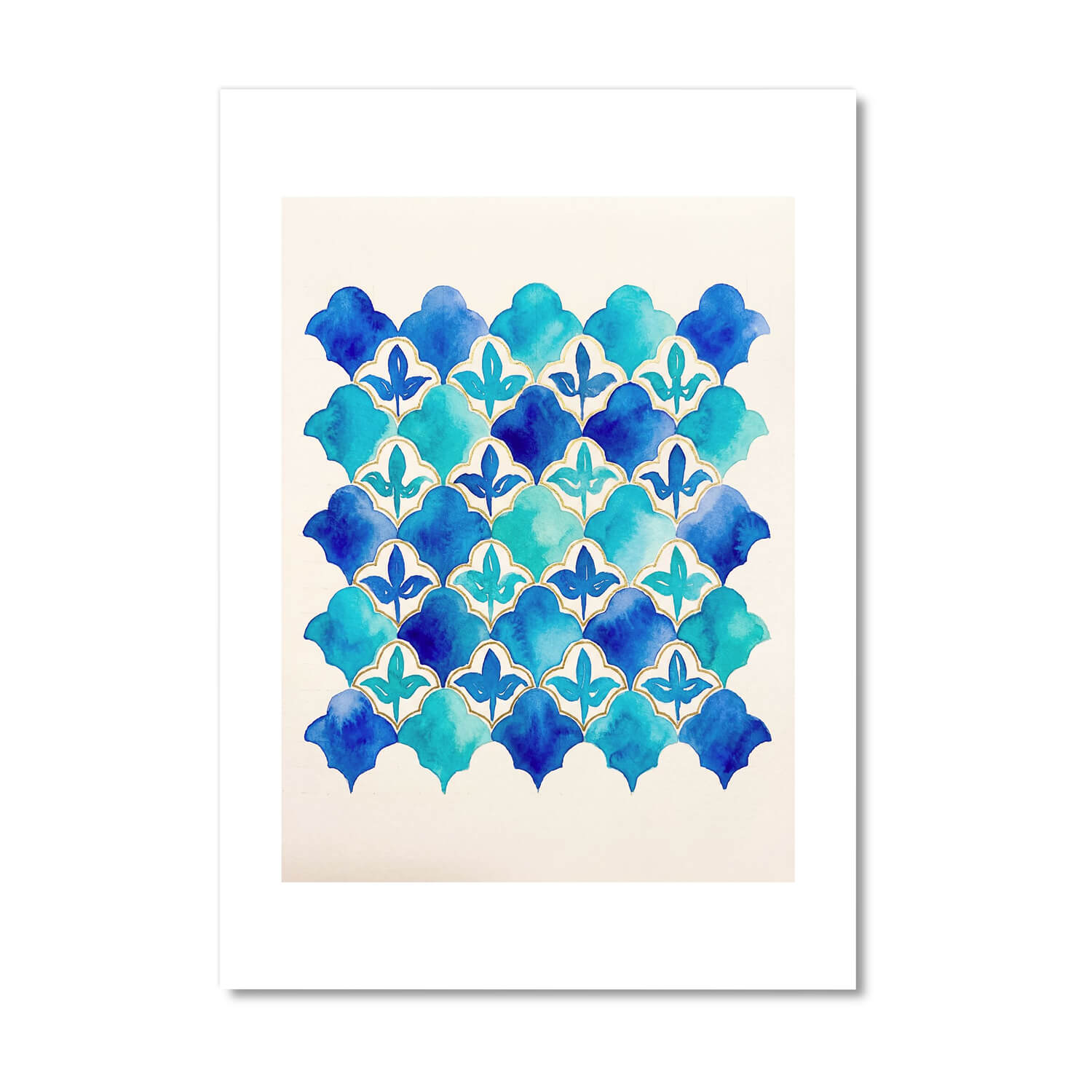 Islamic tile pattern printable wall art in blue watercolor tones by Deenista