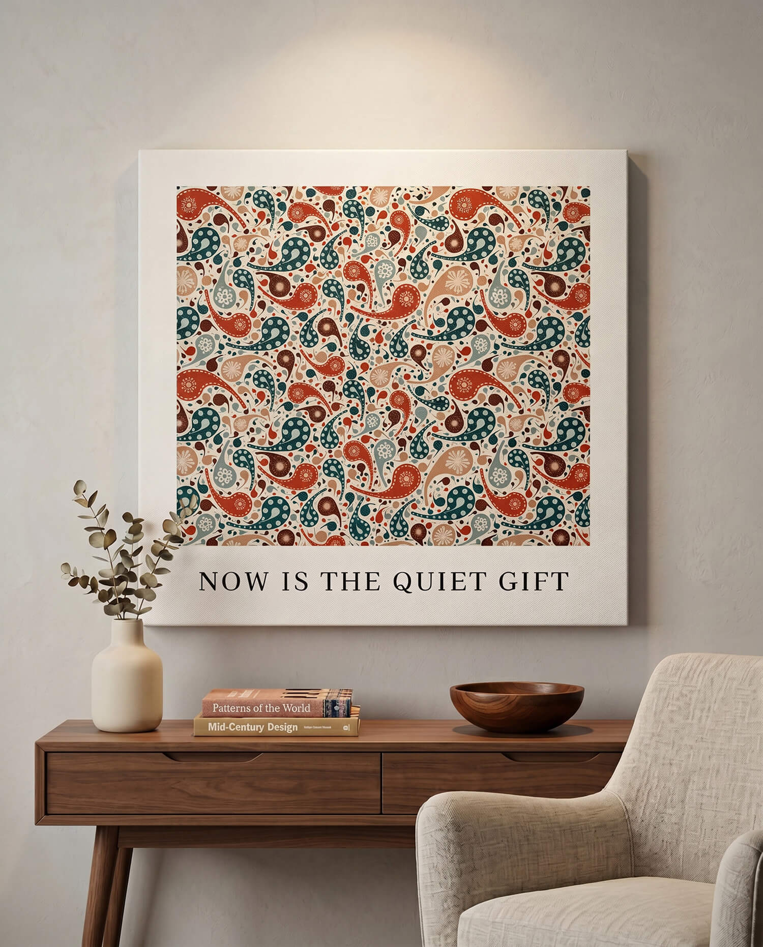 paisley pattern wall art in warm red and teal tones with the text “now is the quiet gift”, styled above a wooden console in a calm neutral interior