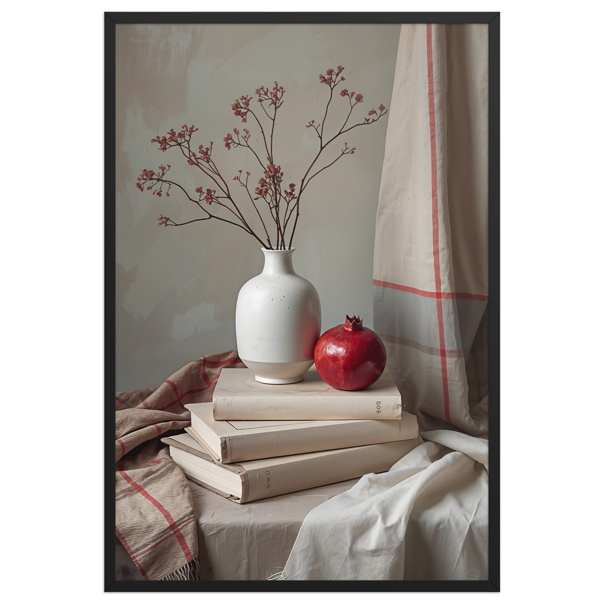 Minimal still life with a pomegranate, white vase, and books in soft beige tones, subtle Islamic-inspired decor.