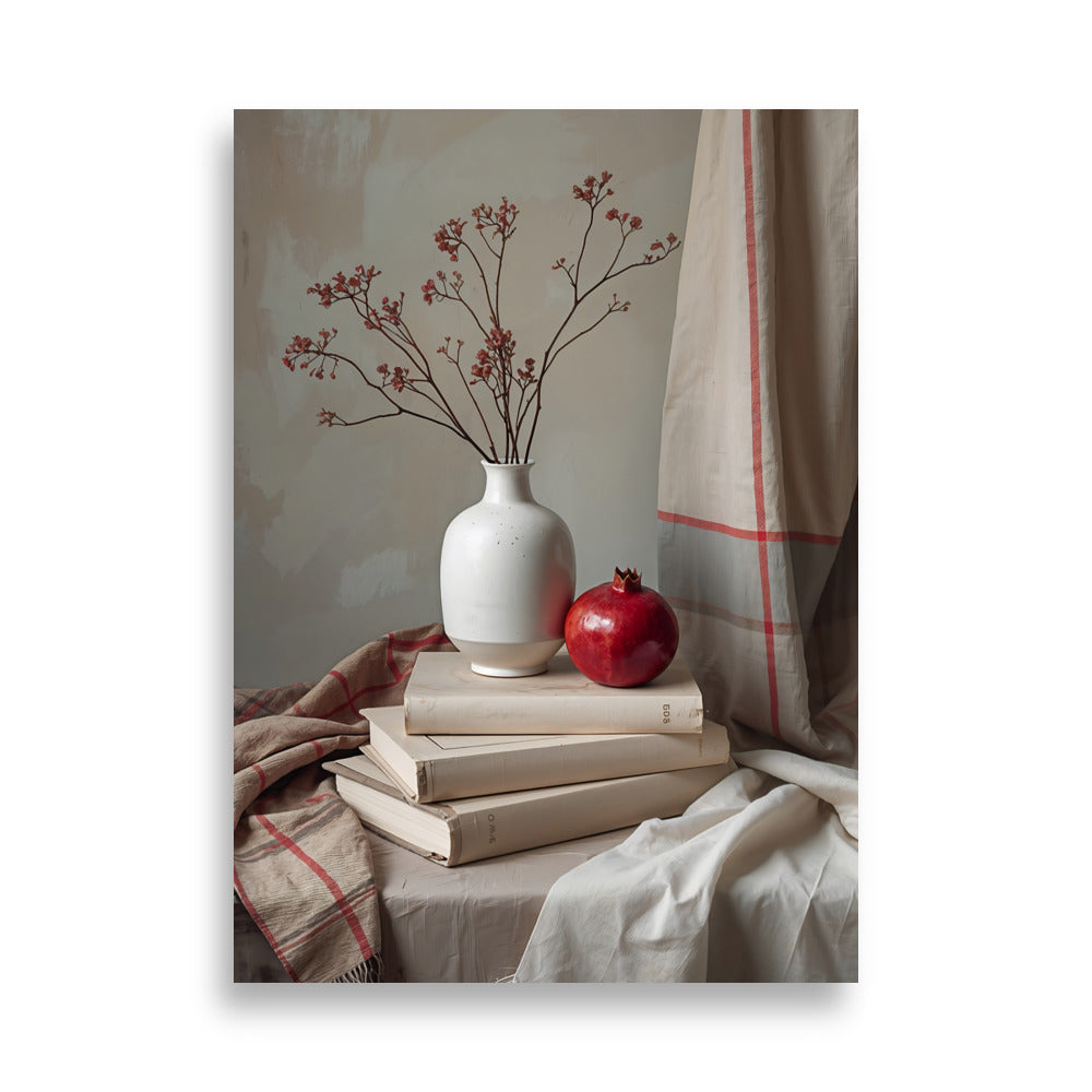 Minimal Quranic art with white vase with branches and a pomegranate on books against a neutral background