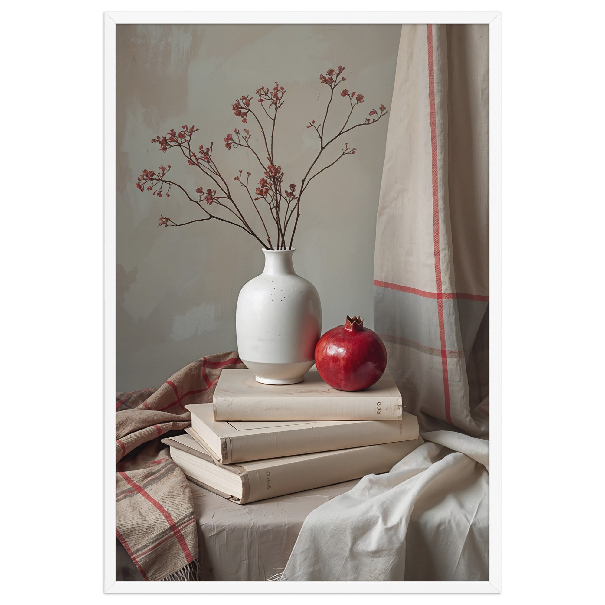 Islamic-inspired Still life wall art with pomegranate, white vase, and books in soft Scandinavian light.