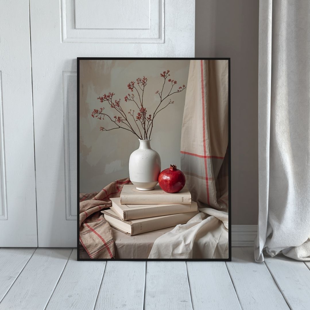 Framed artwork of a vase with branches and a pomegranate on books against a neutral wall.