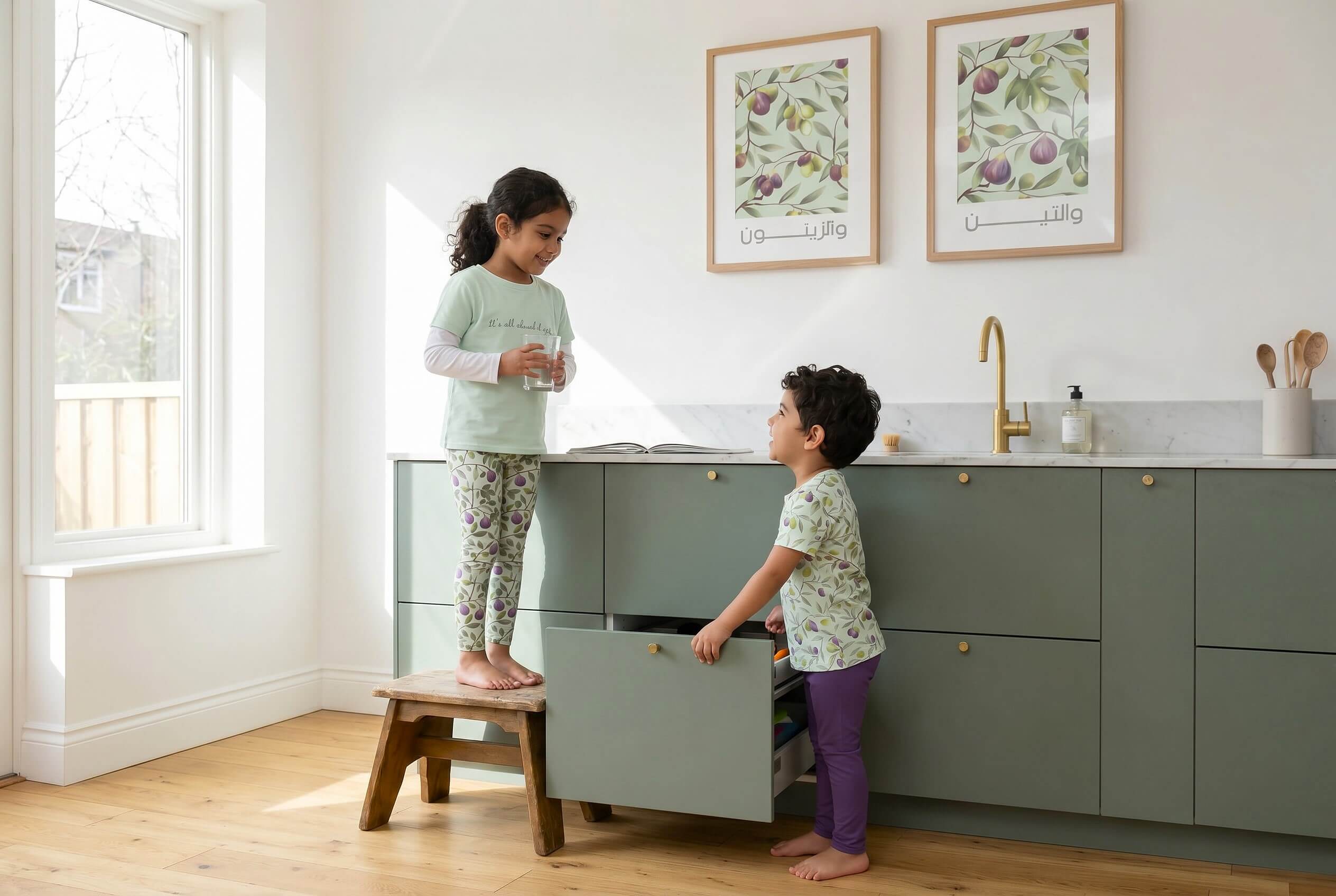 Children wearing Deenista fig & olive kidswear in a bright Muslim lifestyle home with matching botanical wall art