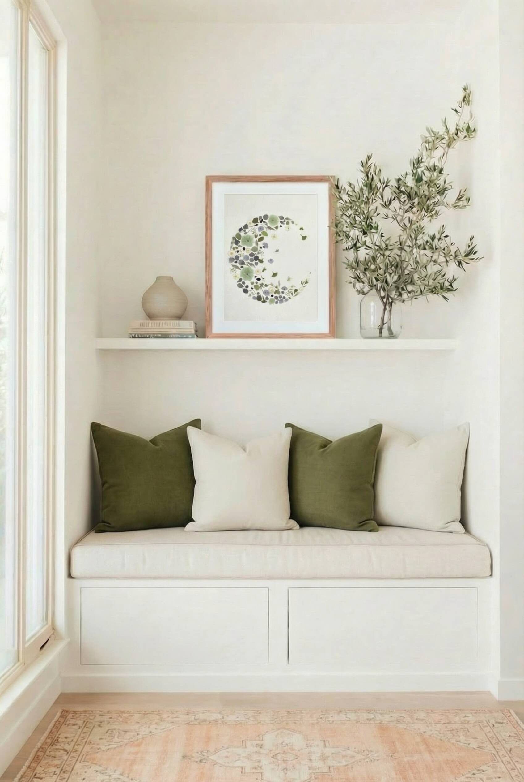 Framed fading moon artwork made from dried flowers displayed on a shelf above a built-in bench in a light, neutral interior.