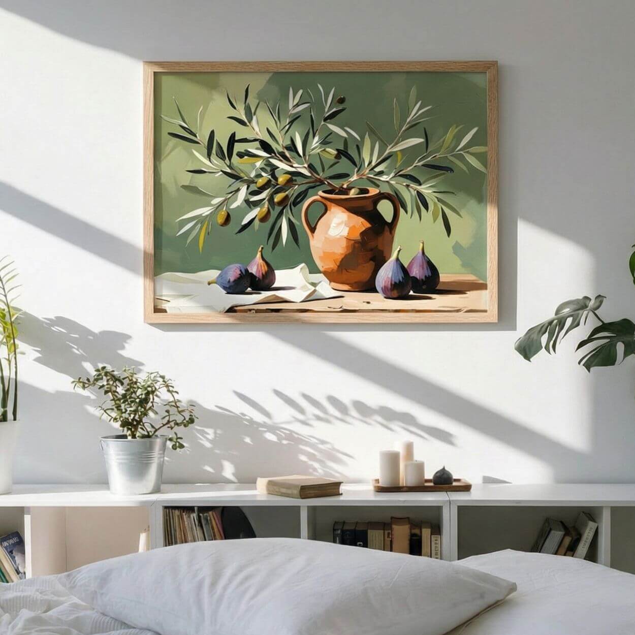 Fig and olive still-life wall art inspired by Quranic symbolism, featuring an olive branch in a terracotta vase with fresh figs, displayed in a calm, sunlit bedroom interior.