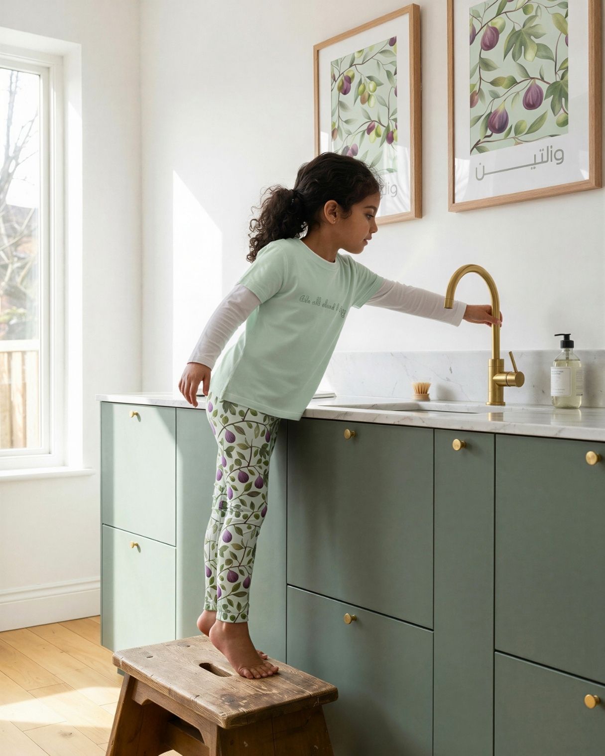 Islamic inspired muslim kidswear, Child wearing fig & olive kids leggings with mint fig t-shirt in bright kitchen