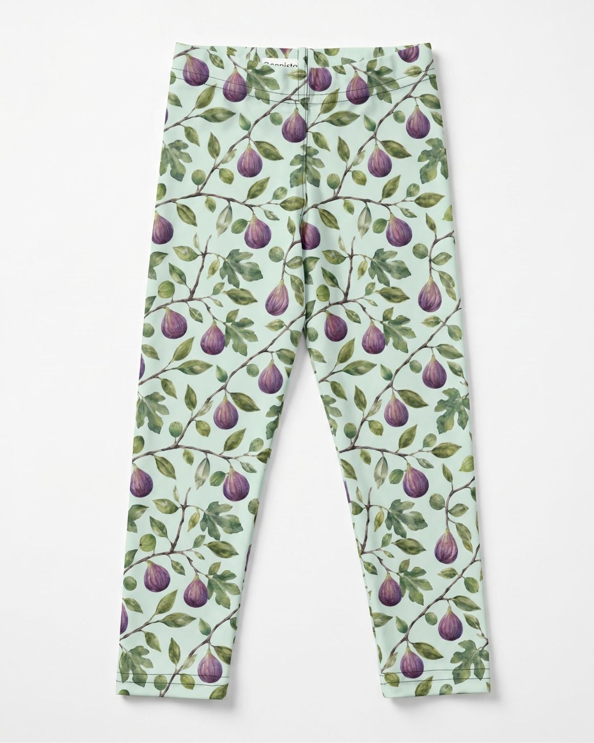 Islamic inspired kidswear, Fig & olive kids leggings with botanical print on white backgroundd