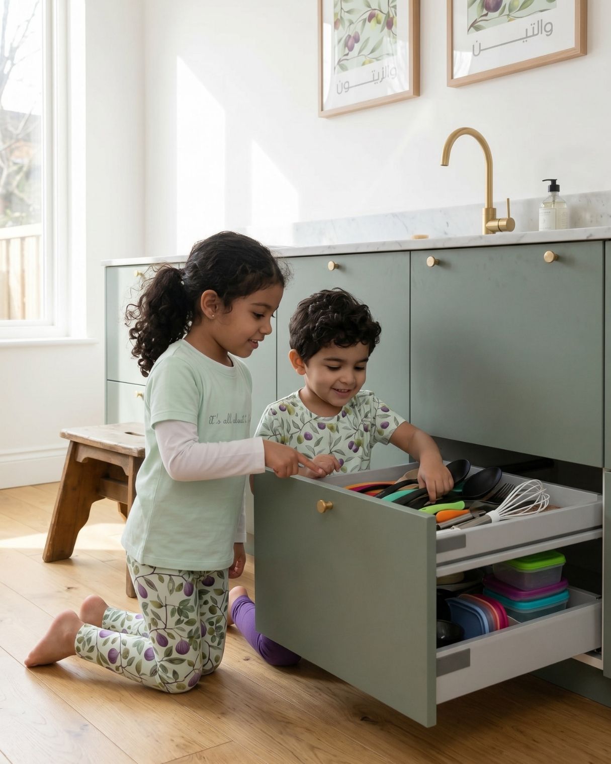 Two children wearing Deenista fig & olive kids outfits while playing in a kitchen drawer