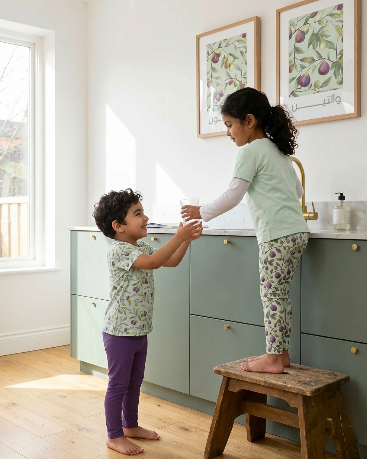 Islamic kidswear, Two children wearing fig and olive Deenista outfits in bright kitchen.