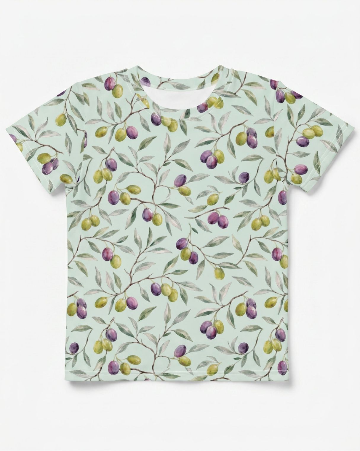 Islamic kidswear, Flat lay of fig and olive kids t-shirt with watercolor botanical pattern