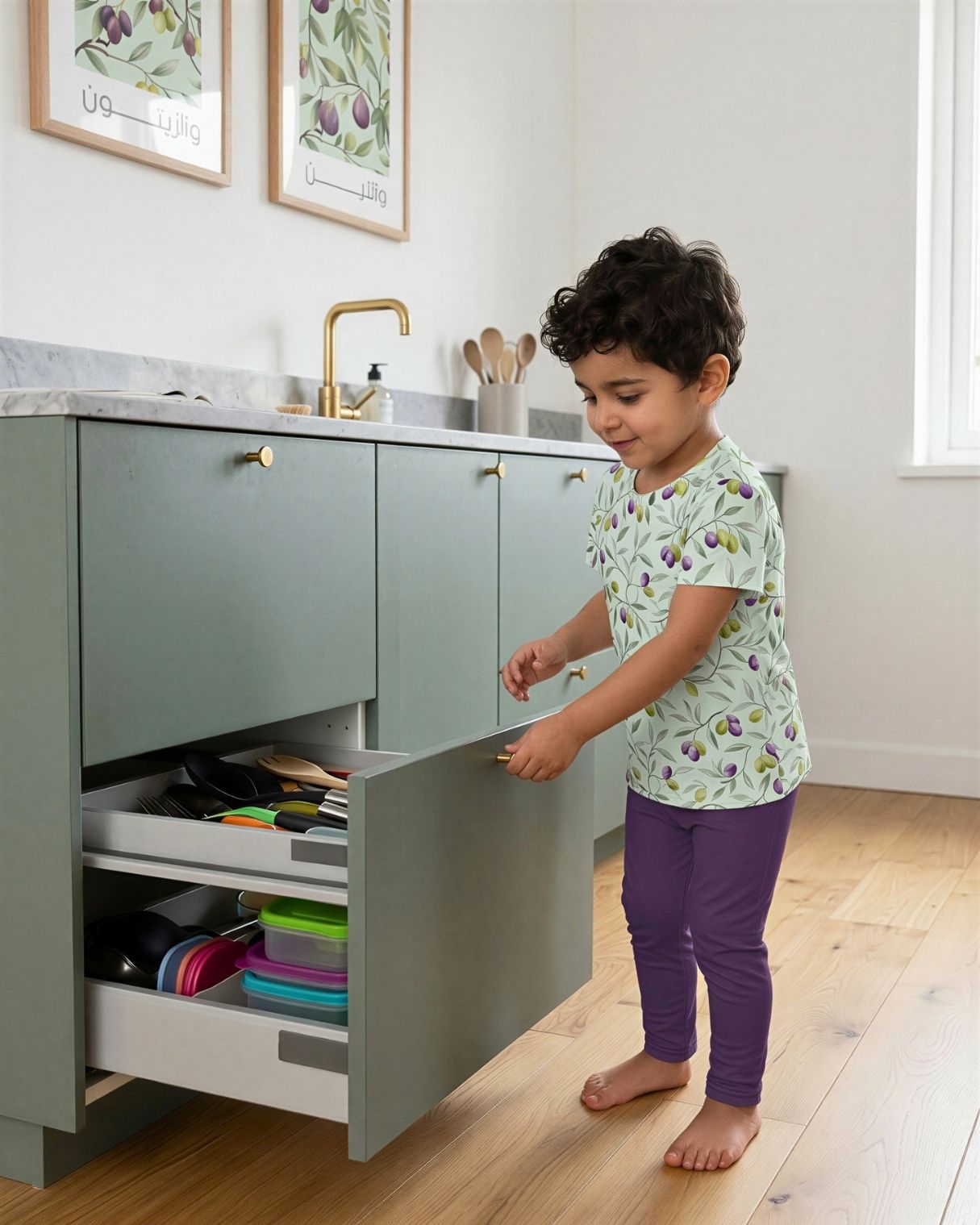 Muslim kidswear, Child wearing fig- and olive kids t-shirt with plum leggings in kitchen