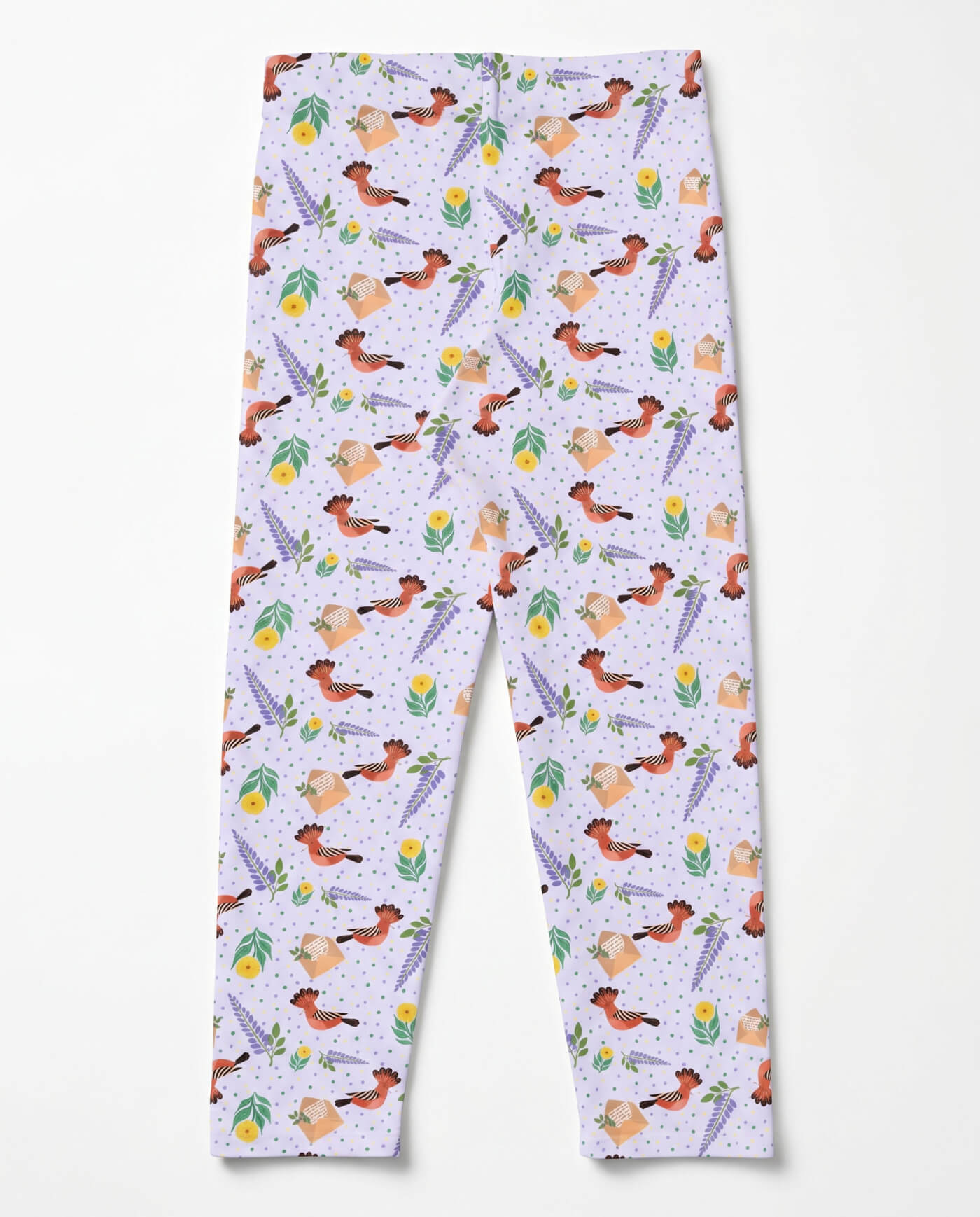 Back view of Kids hoopoe bird leggings in soft lilac with botanical and illustrated bird pattern.