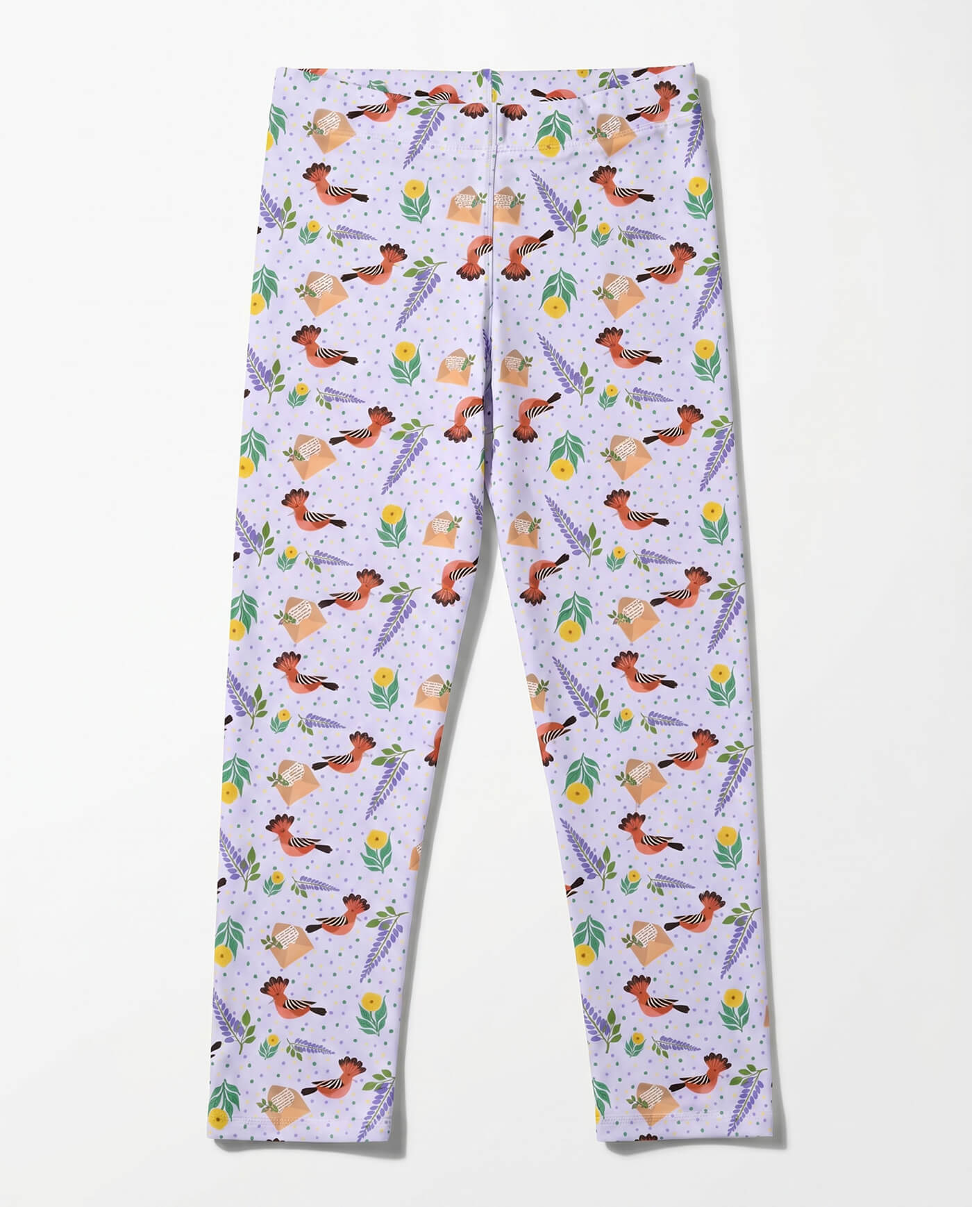 Kids hoopoe bird leggings in soft lilac with botanical and illustrated bird pattern.