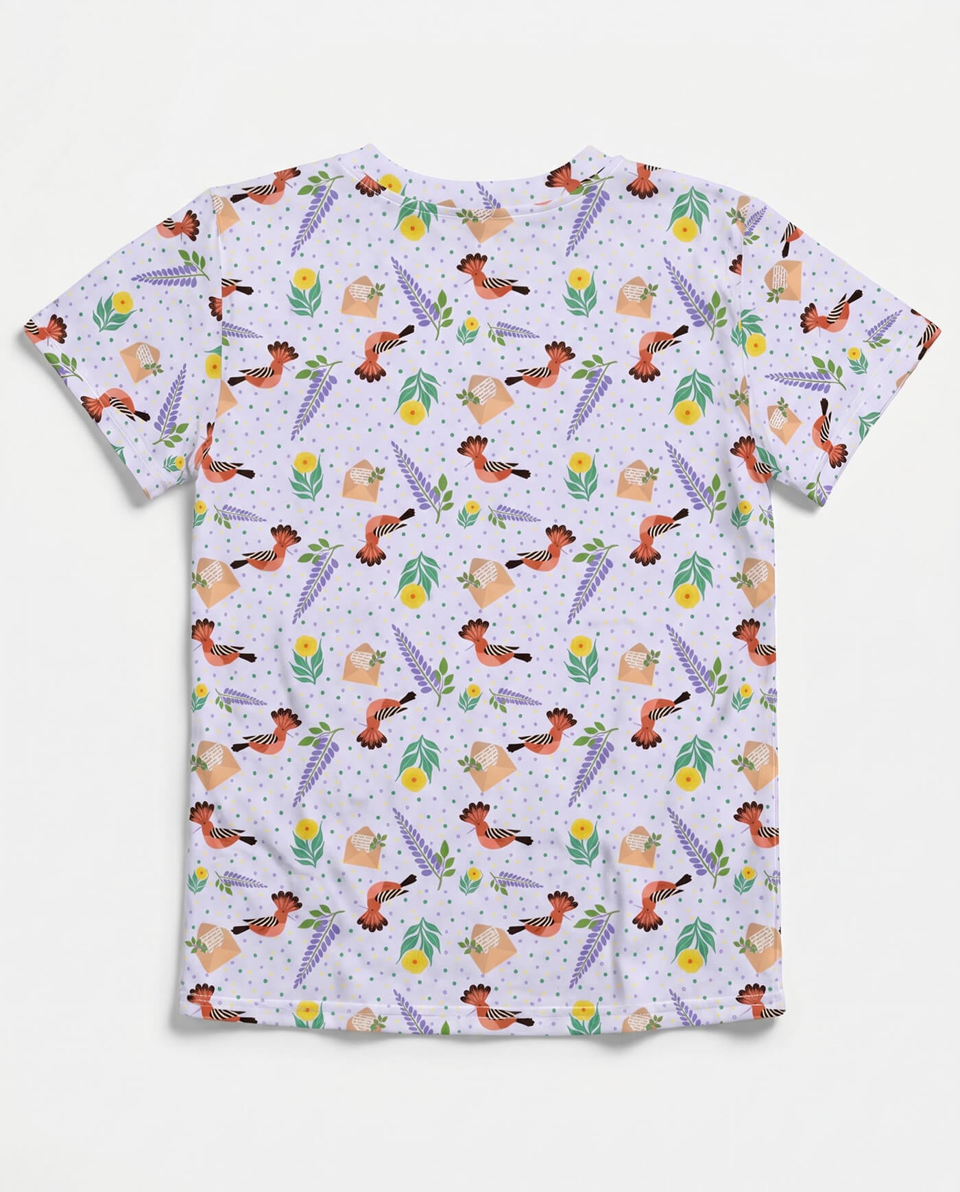 Back view of kids floral hoopoe bird t-shirt in soft lilac with botanical and bird prin