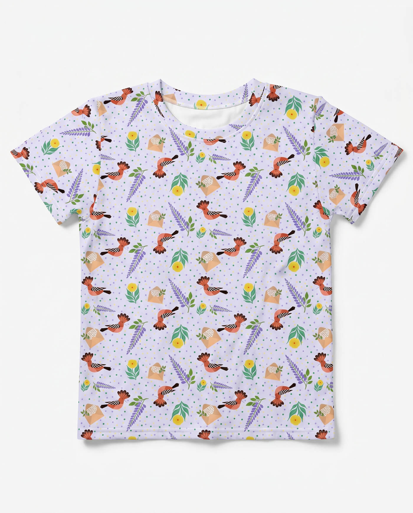 Kids hoopoe bird t-shirt in soft lilac with botanical and illustrated bird print.