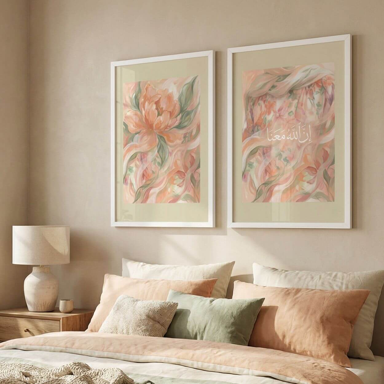 Floral Quran verse wall art styled with a matching floral print above a bed in a soft neutral bedroom