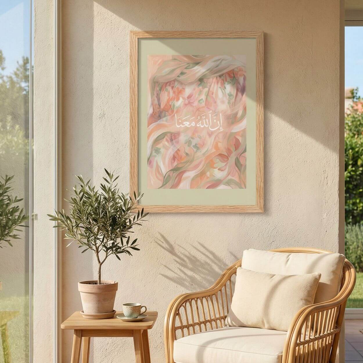Floral Quran verse wall art styled in a warm lounge corner with natural light, soft textures, and muted green tones