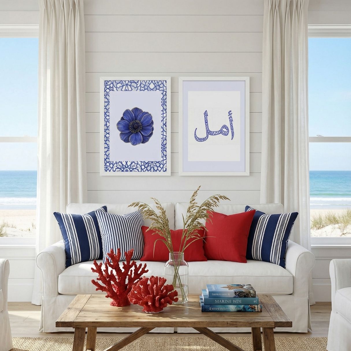 Islamic geometric lace botanical print and Amal Arabic calligraphy wall art displayed above sofa in coastal living room