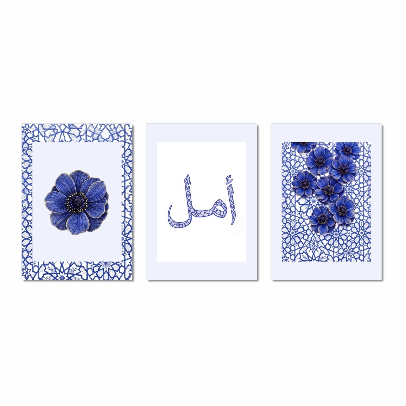 Floral Islamic wall art trio in blue with geometric pattern, beach house printable set