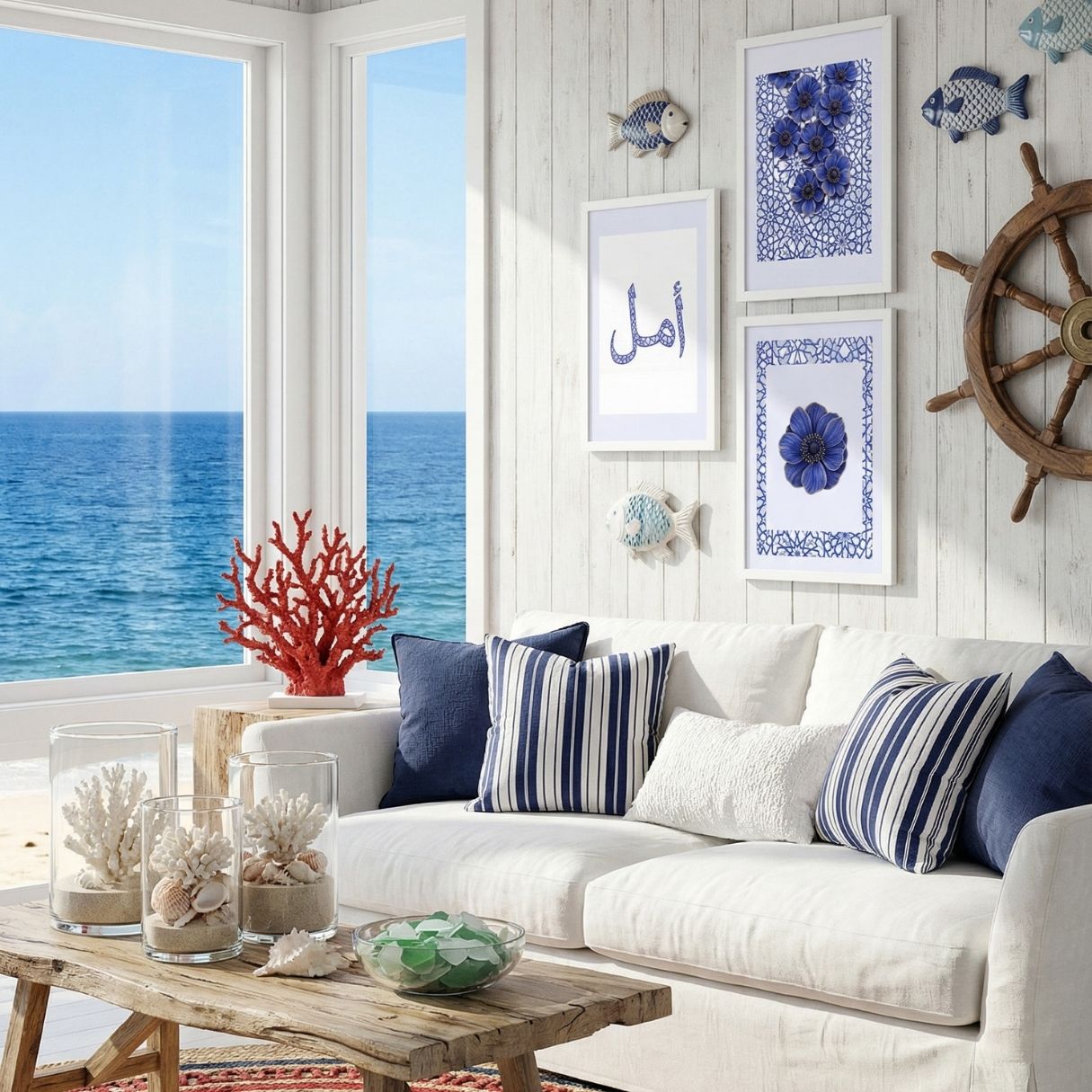 Set of three Islamic geometric lace prints with botanical flowers and Amal calligraphy styled in coastal interior