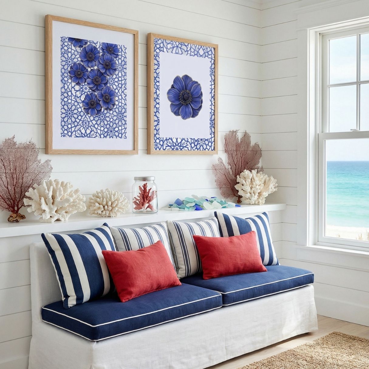 Floral Islamic wall art with geometric border displayed in bright coastal living room