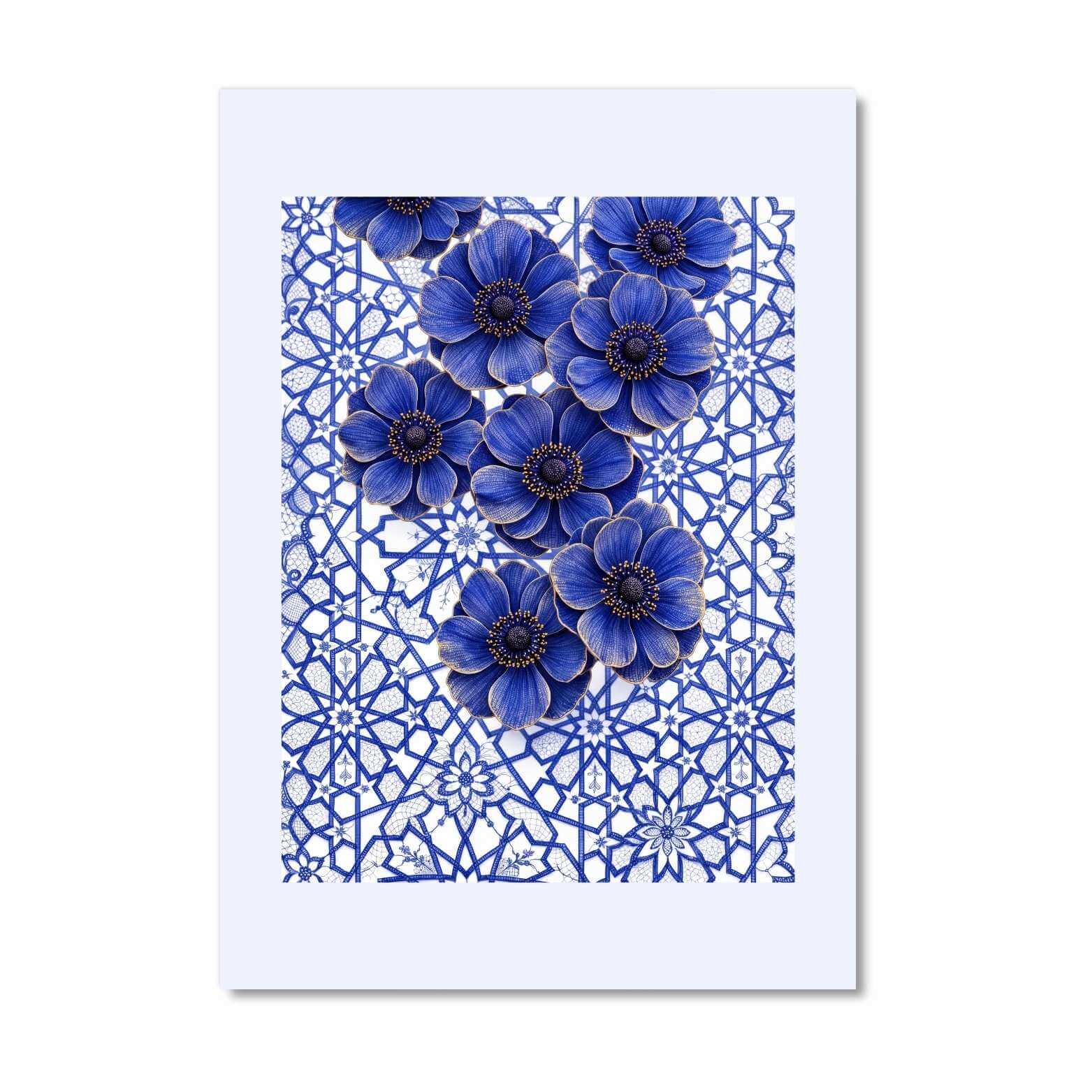Blue floral Islamic wall art with geometric pattern background printable