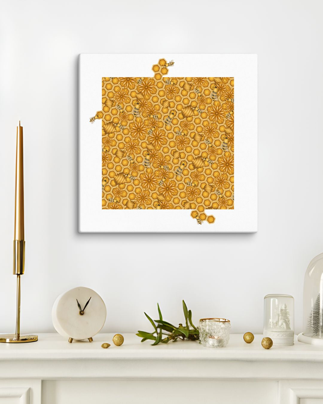 Islamic-inspired bee and honeycomb artwork from Surah Al-Nahl displayed as a canvas on a minimal white mantel with gold decor.